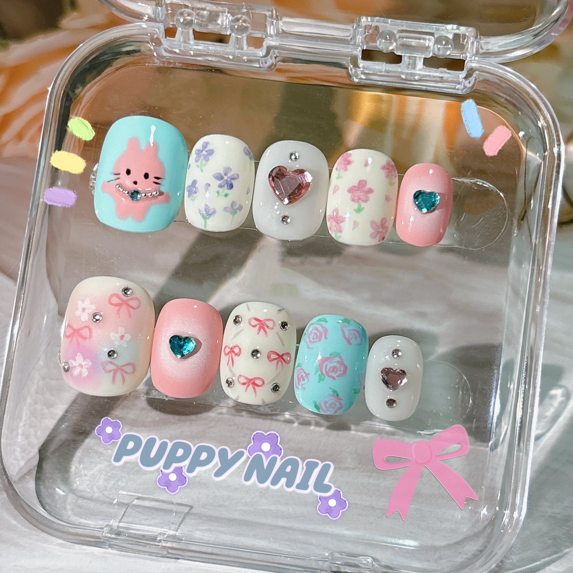 Puppy Floral Hand-Painted Bow Nail Art | Cute Bunny & Bow Summer Floral Nails by Land Decora