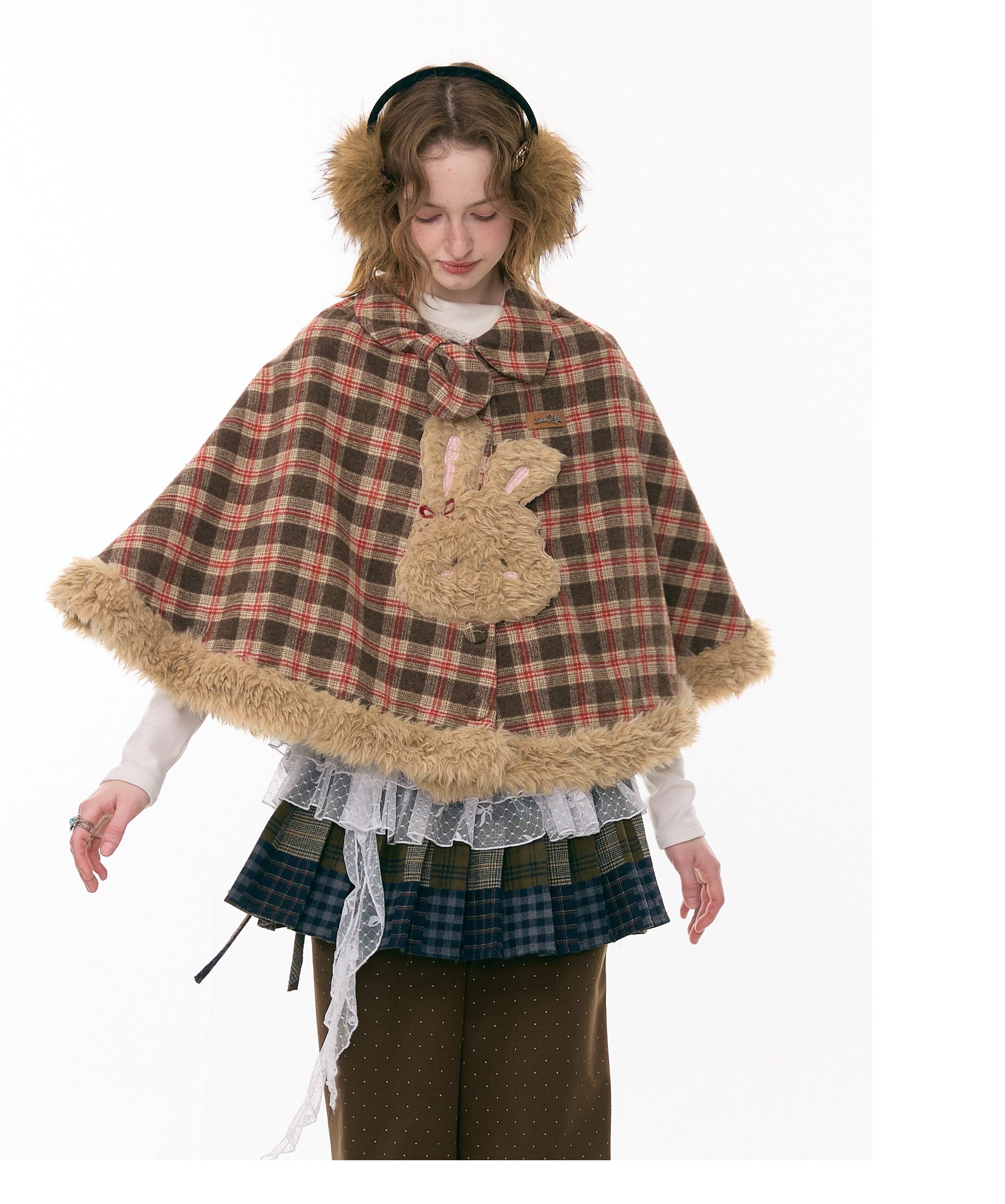 Girly Kei Bunny Plaid Cape Coat - ziziFei by Land Decora