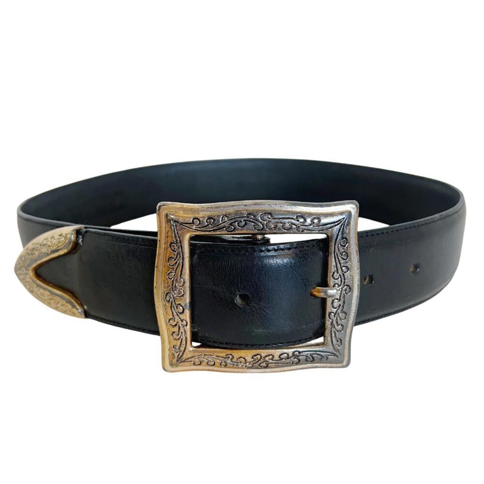 Vintage Land's End Black Leather Belt Silver Engraved Buckle Size 26 W by Hot Girl Secondhand