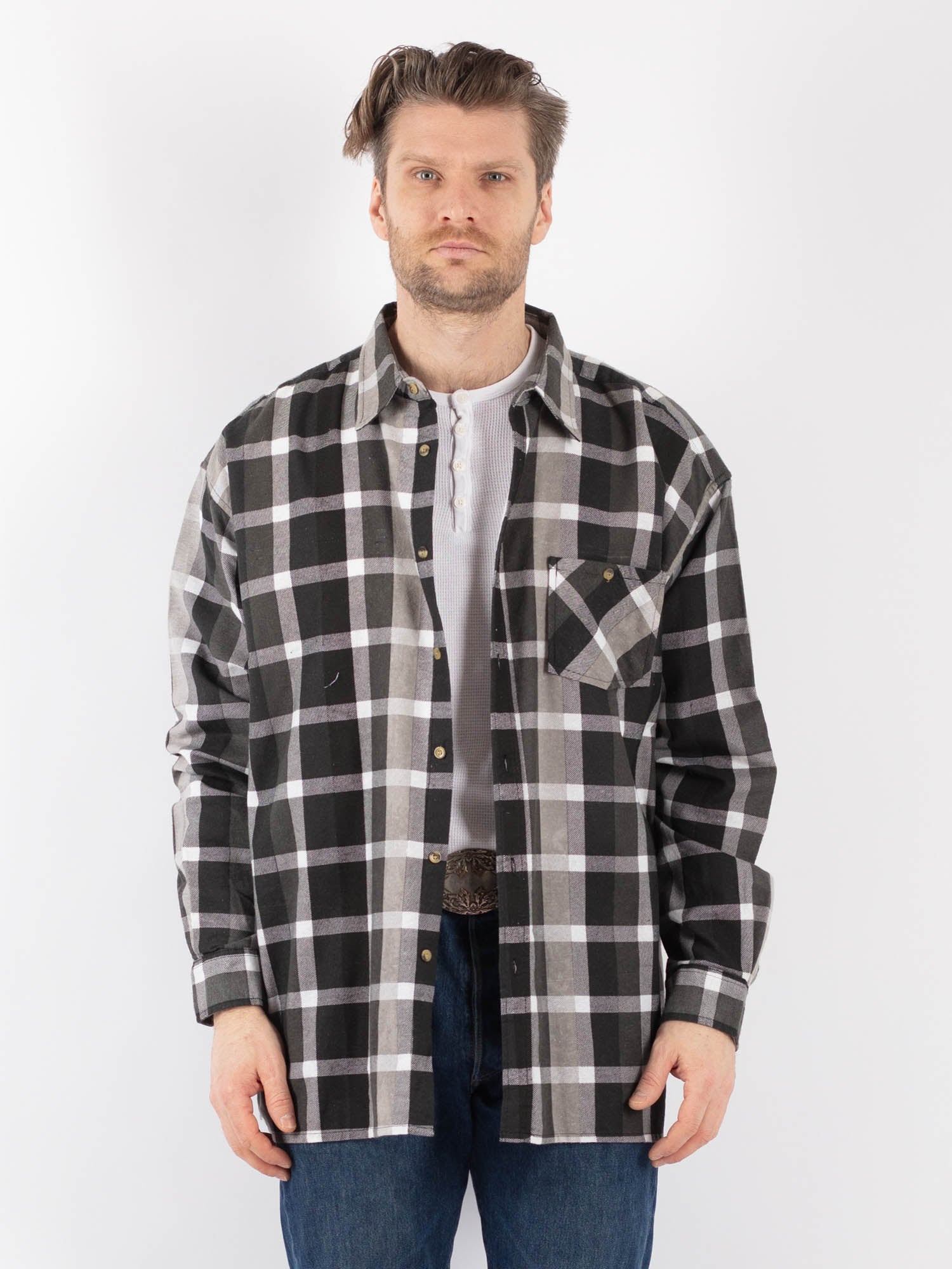 Vintage 90's Men Plaid Flannel Shirt in Gray by Northern Grip