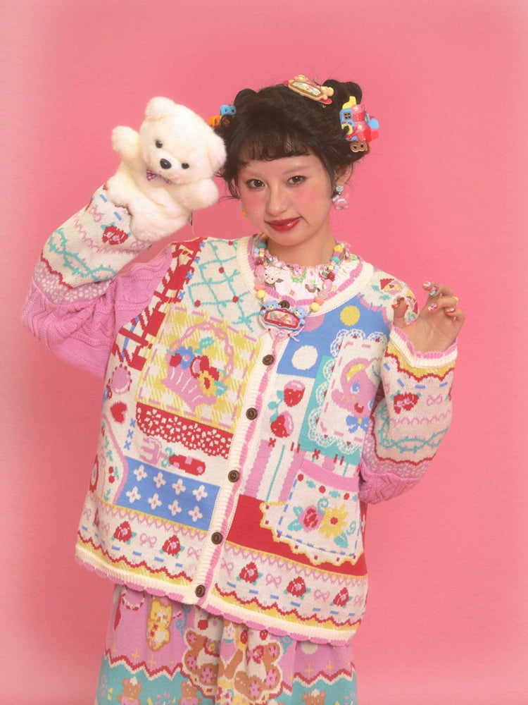 Harajuku Cardigan Pink Elephant Patchwork Knitted Cardigan Cable Knit Playful Sweater | Lutra Jump by Land Decora