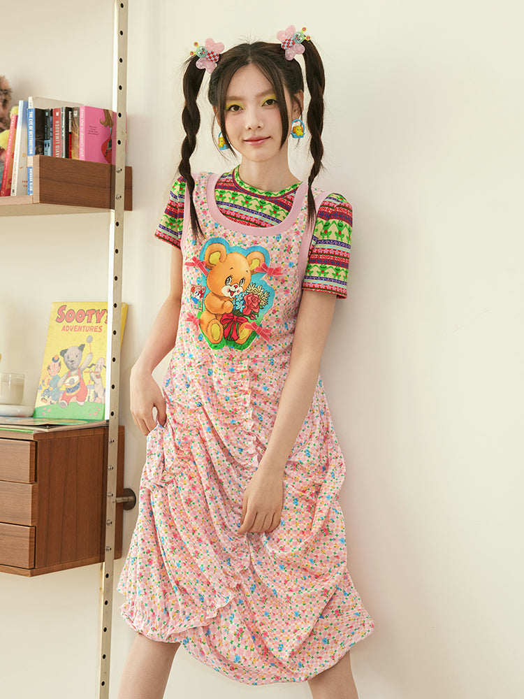 Harajuku Pink Teddy Bear Ruched Midi Dress | Tntntutu by Land Decora