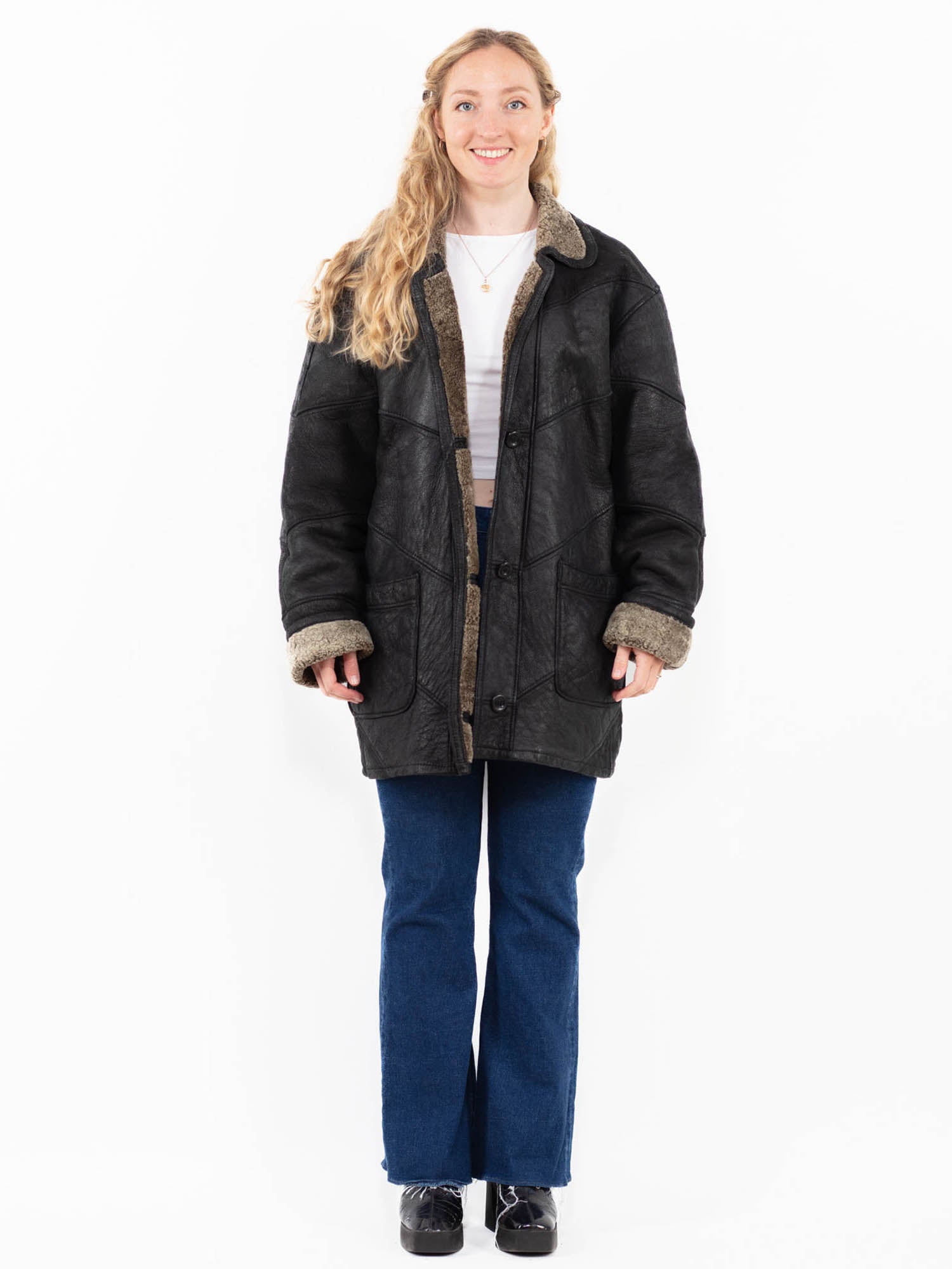 Vintage 90's Women Sheepskin Coat in Black by Northern Grip