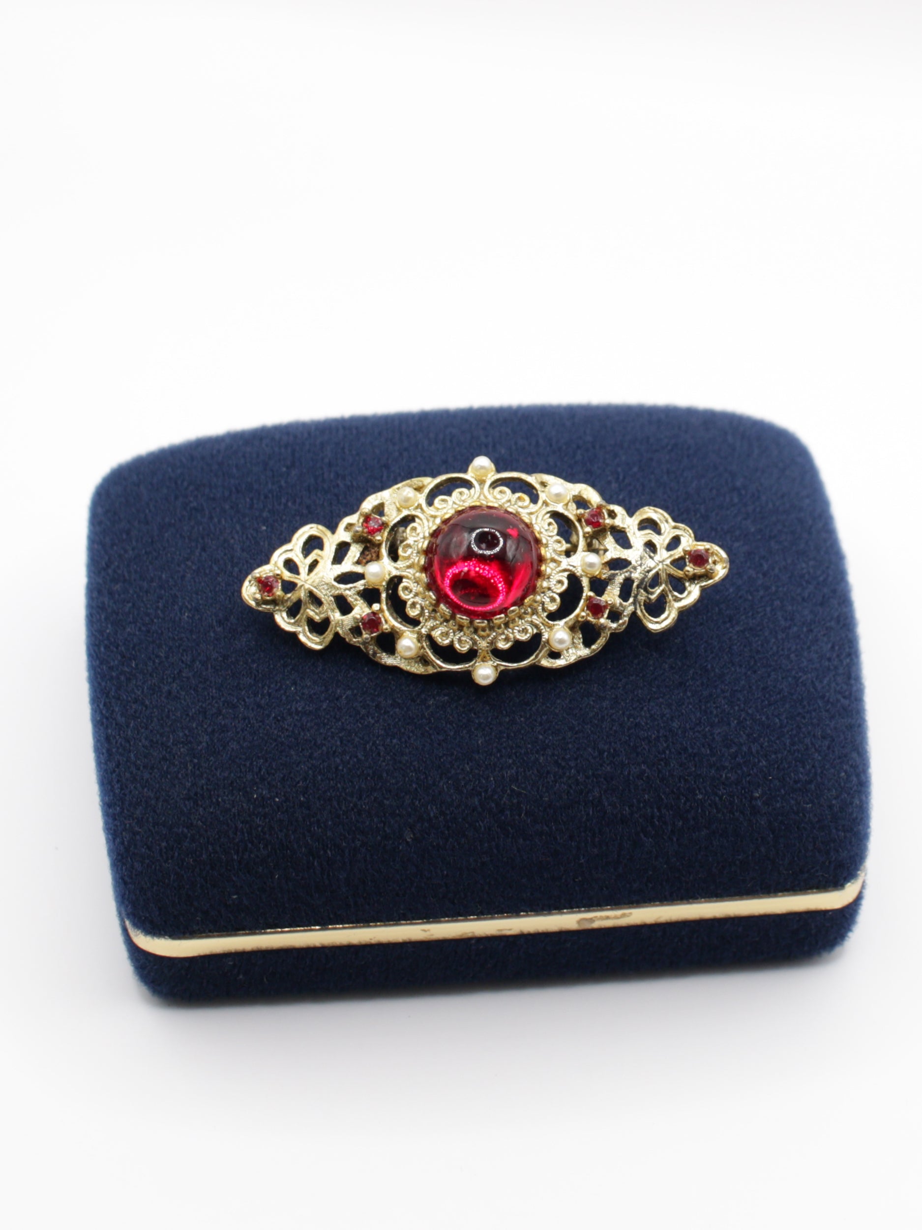 Vintage 60's Victorian Revival Red Cabochon Filigree Brooch by Northern Grip