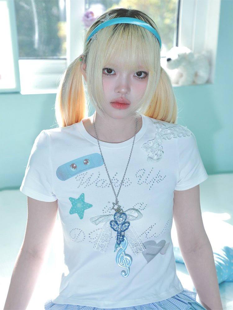 Hashtag DDD – White Dreamy T-shirt with Patchwork Bow Rhinestone by Land Decora