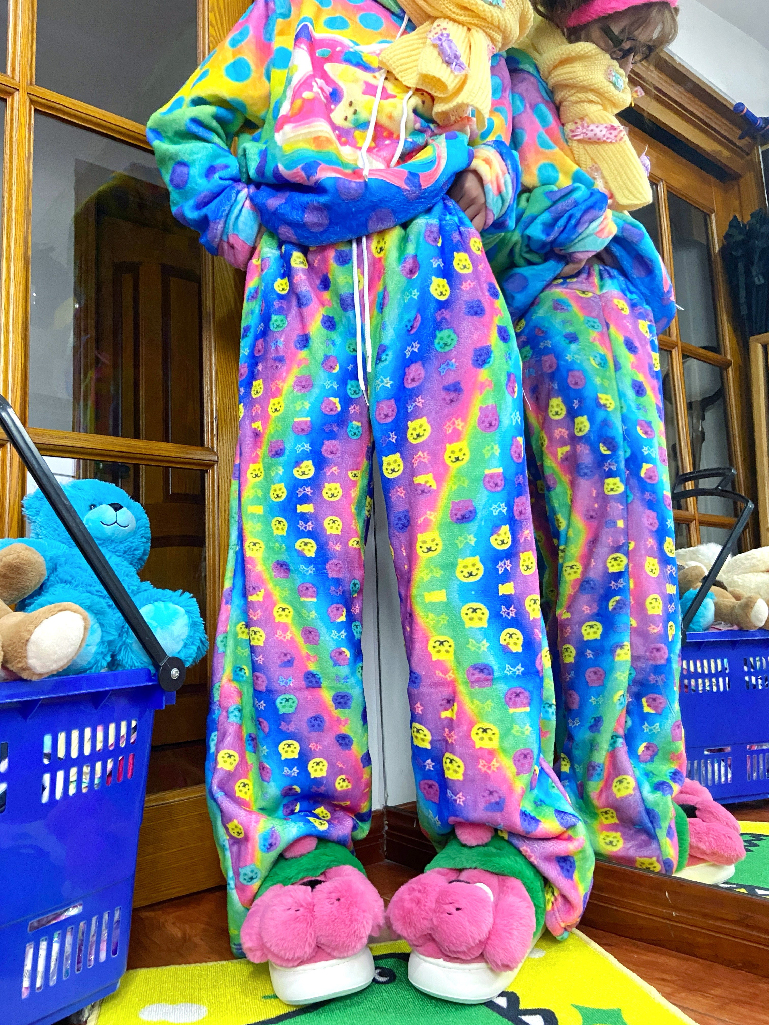 Decora Kei Rainbow Cat Fleece Pants - Leerroo by Land Decora