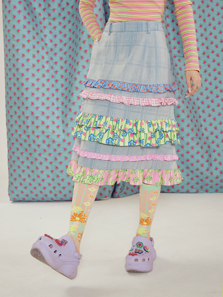 Tntntutu Skirt | Light Blue Lace Denim Skirt | Plaid A-Line High Waist by Land Decora
