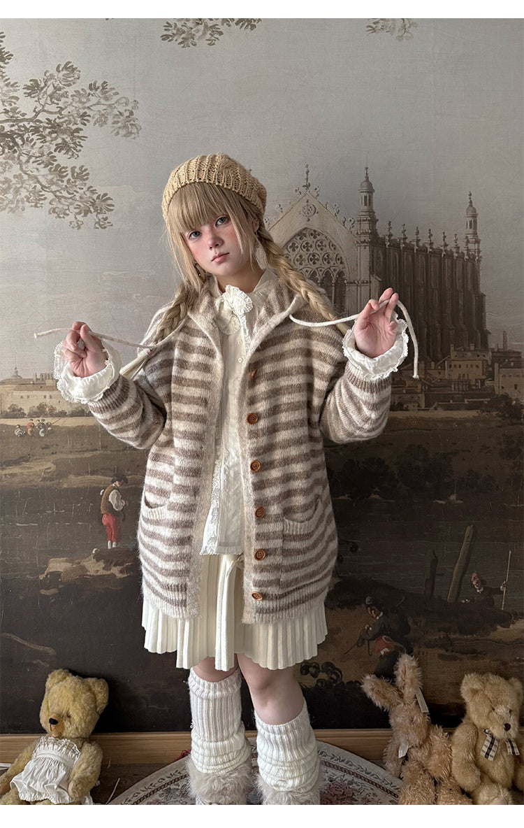 Sweet Striped Hooded Knit Cardigan - Labeau by Land Decora