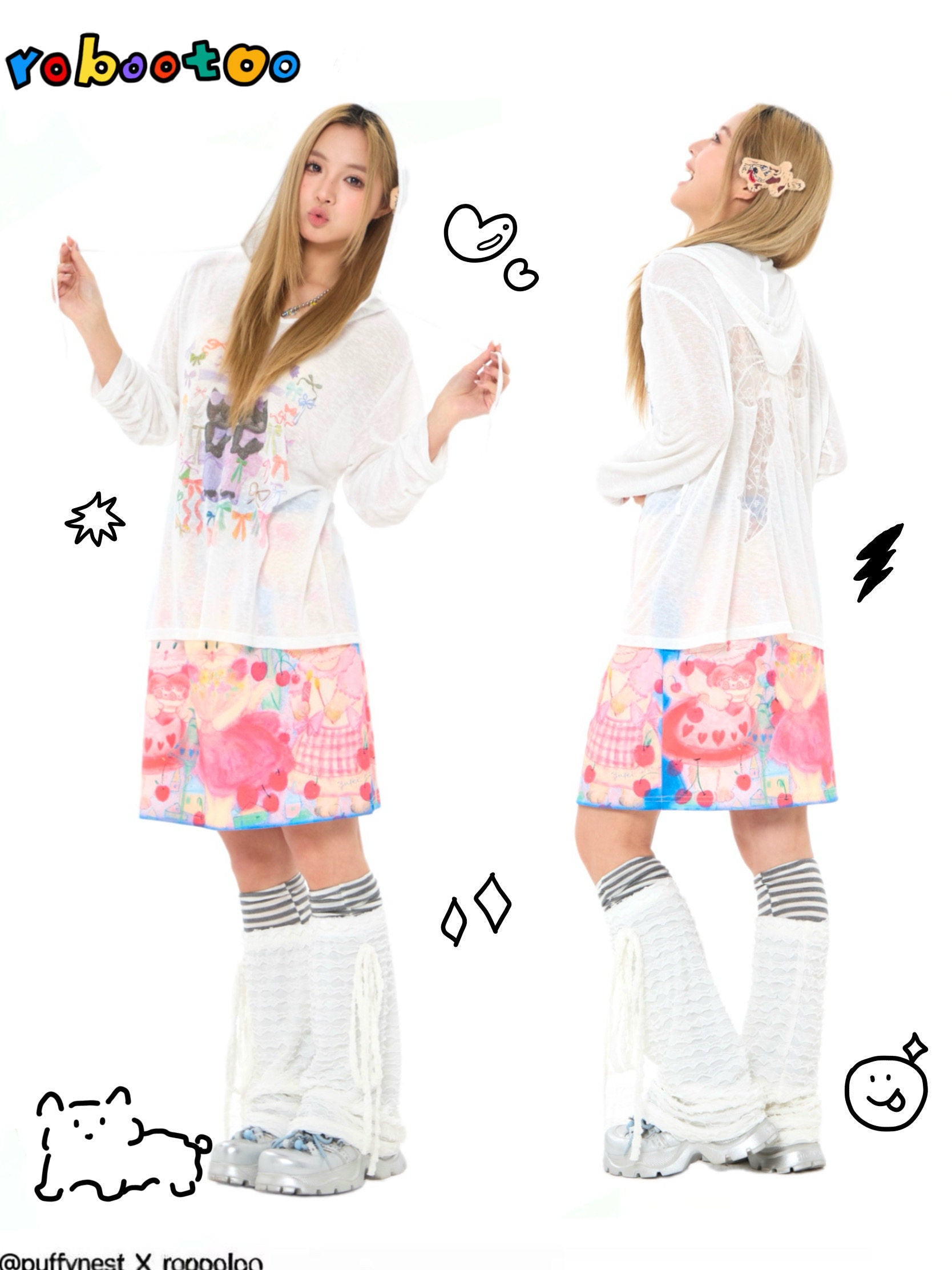 White Cat Print Hooded Sun Protection Tee Y2K - Robootoo by Land Decora