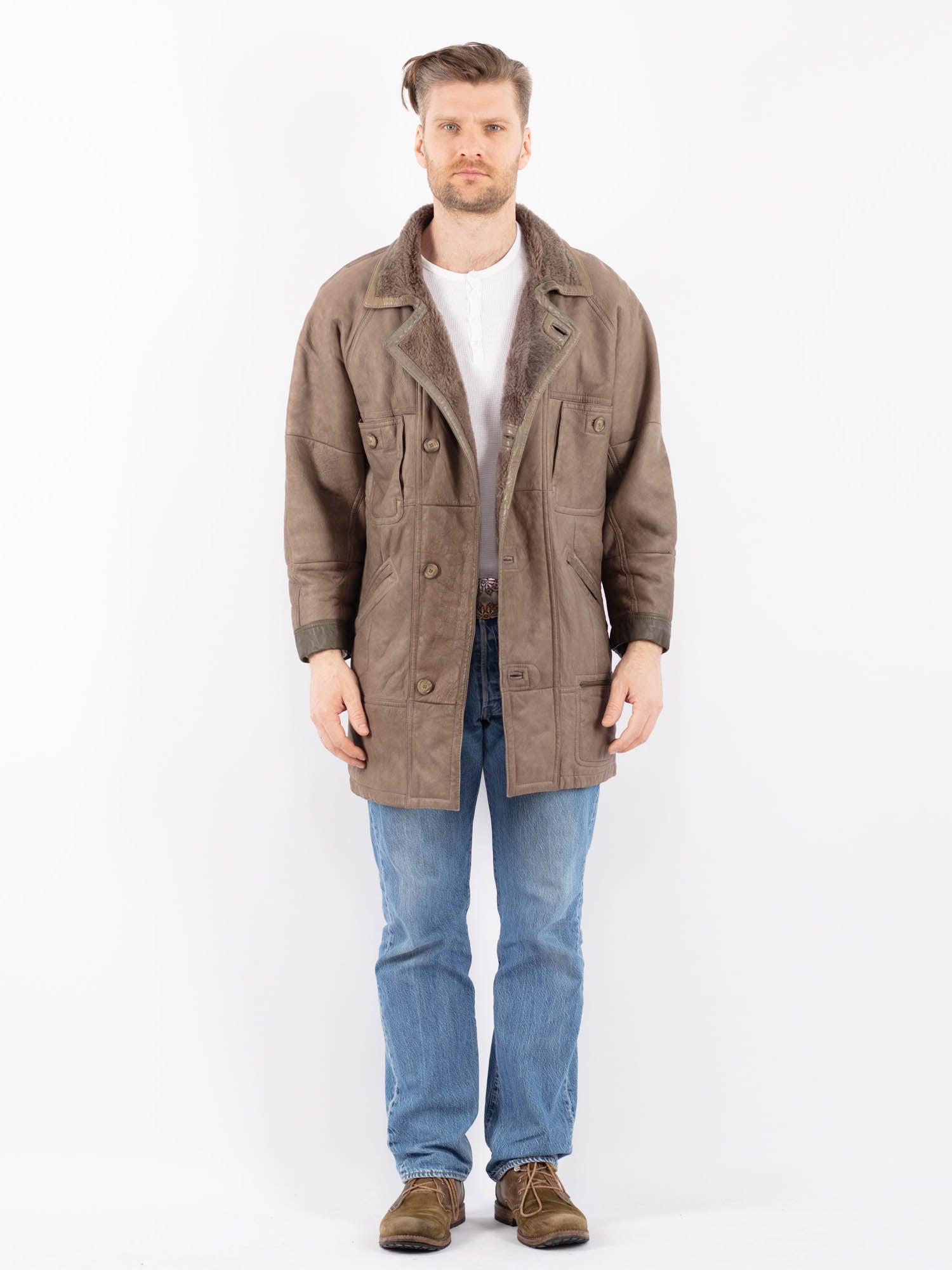 Vintage 90's Men Sheepskin Coat in Gray Brown by Northern Grip