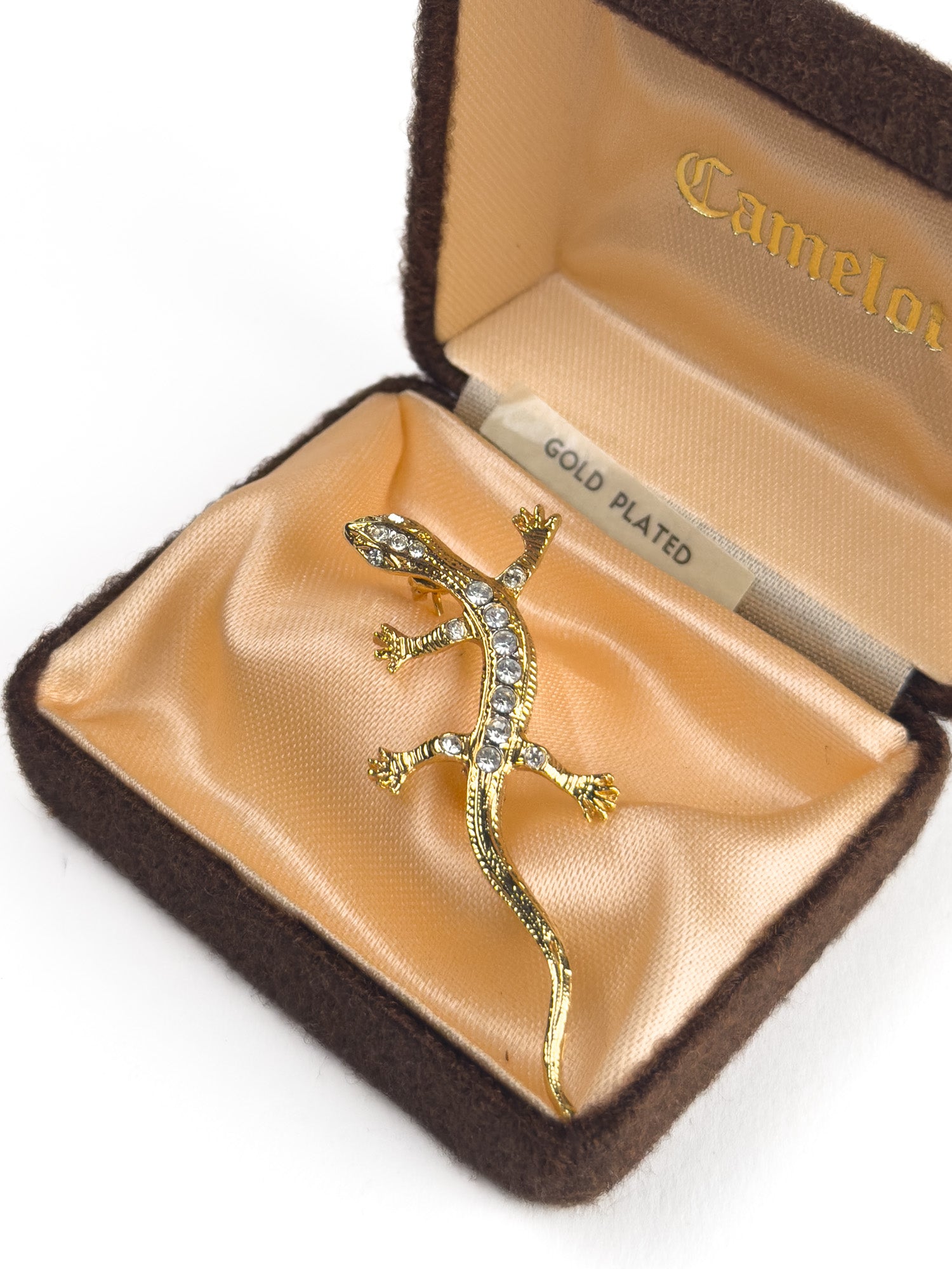 Vintage Gold Plated Lizard Brooch with Rhinestones – Camelot Gecko Pin by Northern Grip