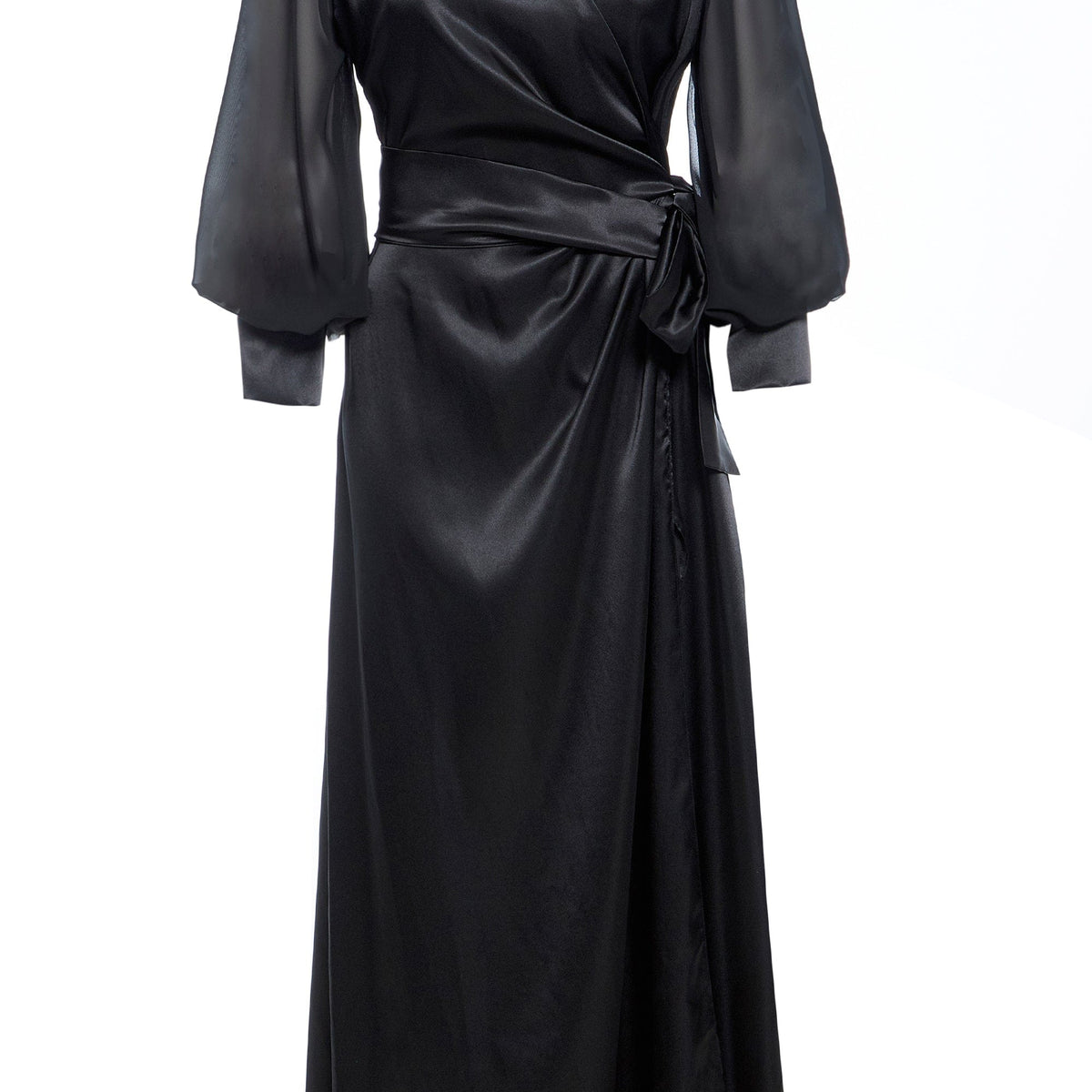 Wrap Maxi Dress – Black Satin with Side Slit & Plunge Neck By Sarvin by Sarvin
