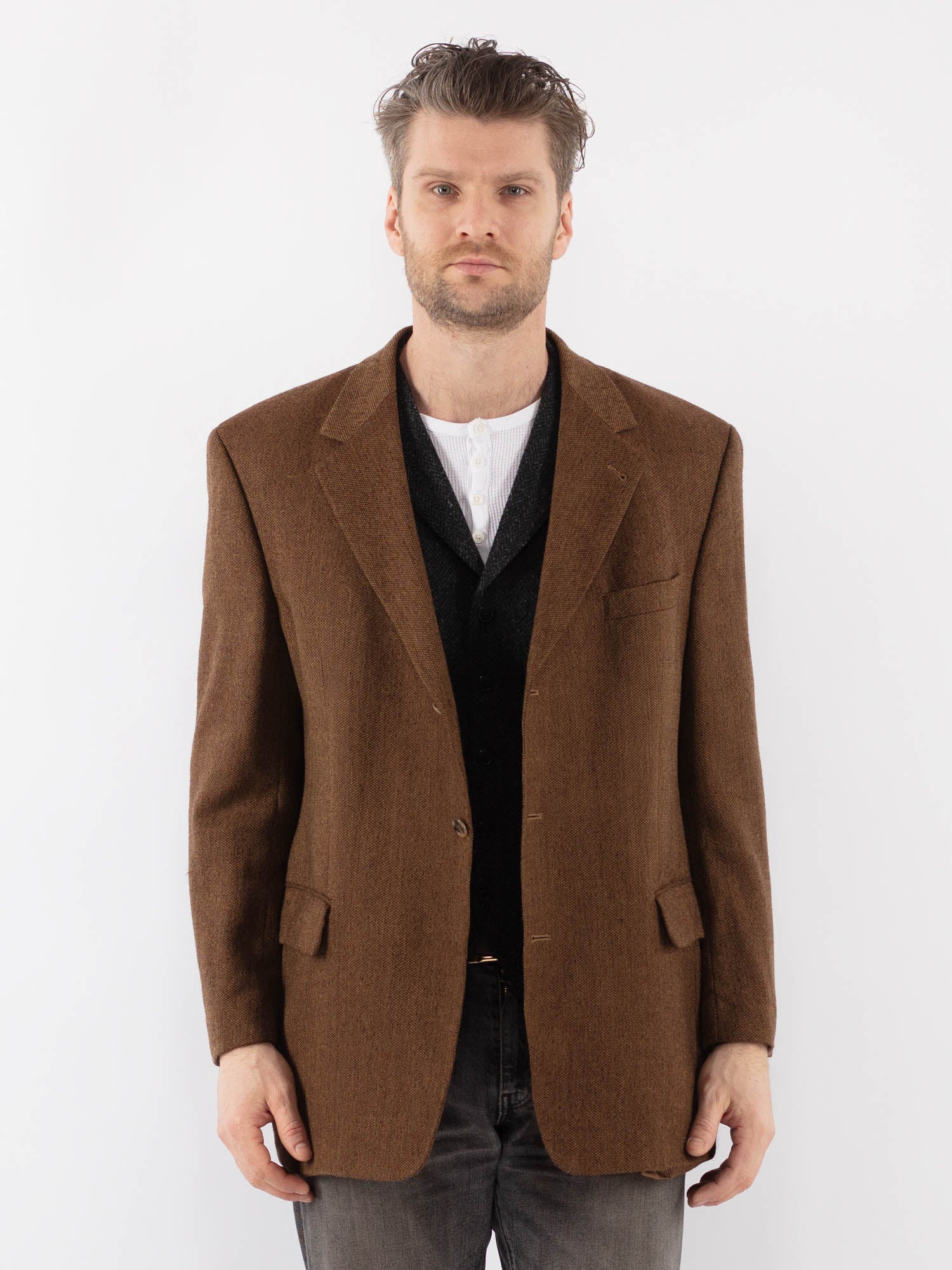 Vintage 90's Men Wool Blazer Jacket in Brown by Northern Grip