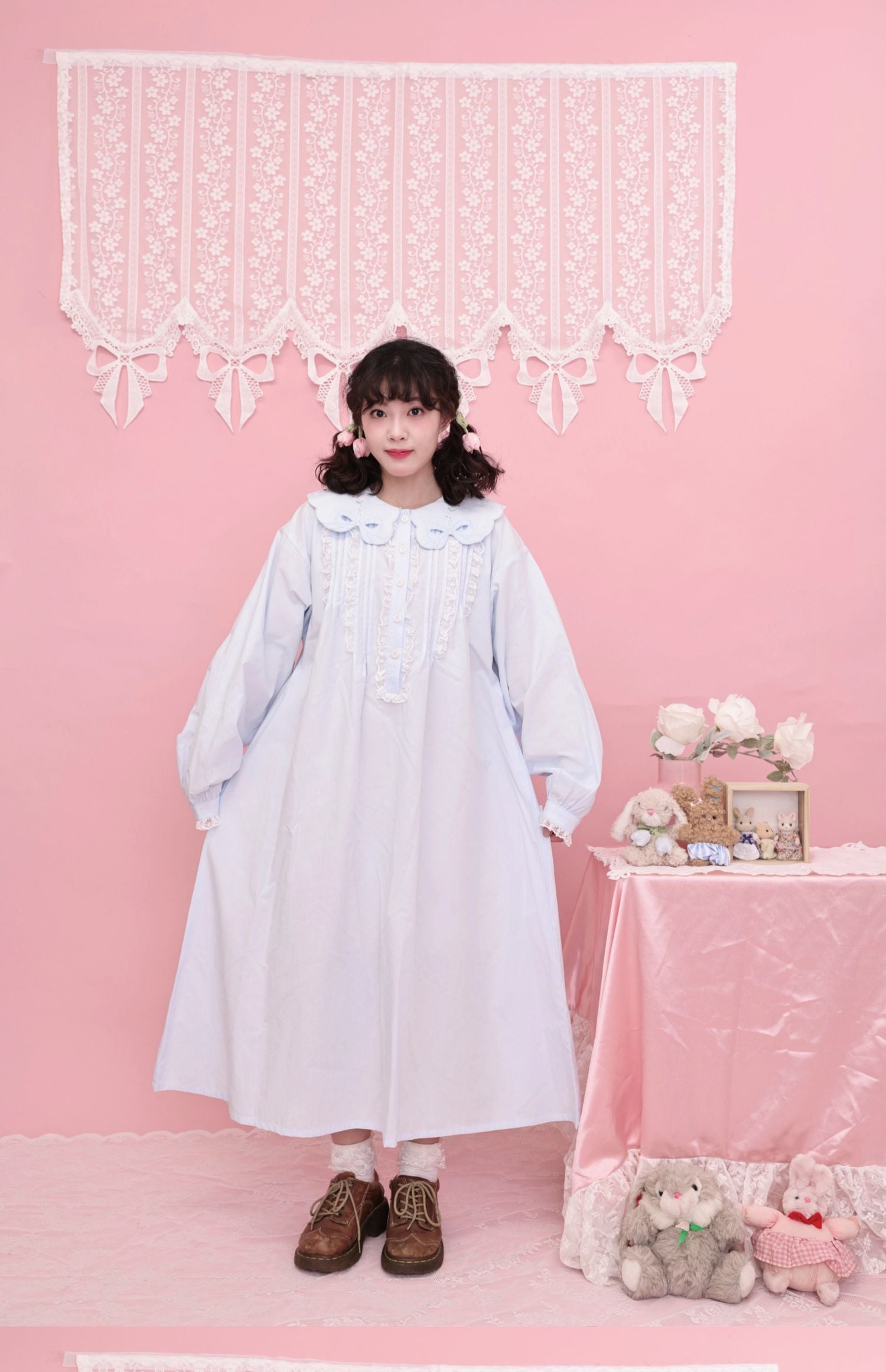 Kawaii Embroidered Dress - Blue Cotton Lace Trim Long Sleeve - SemenCoicis by Land Decora