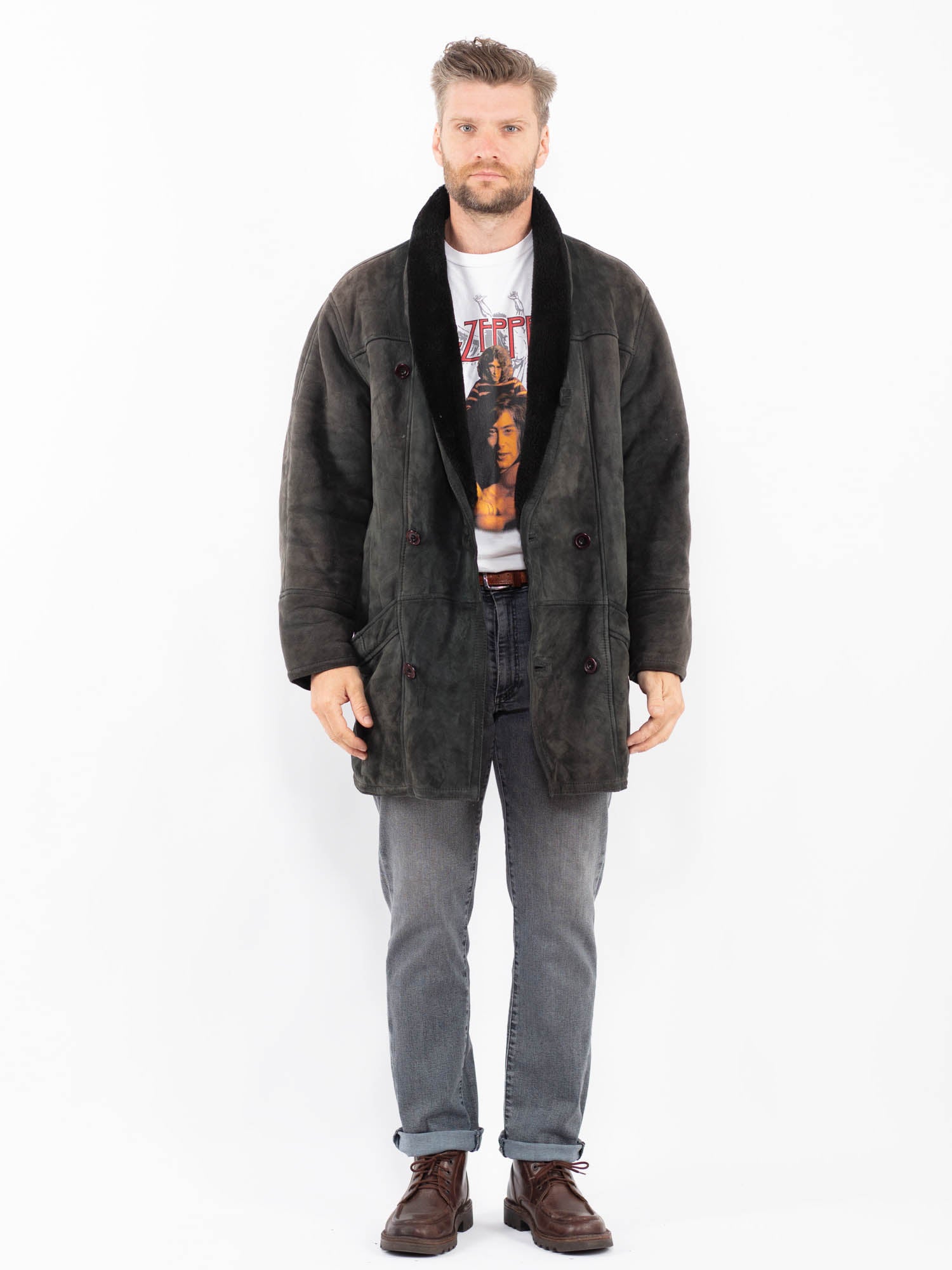Vintage 80's Men Sheepskin Coat in Gray by Northern Grip