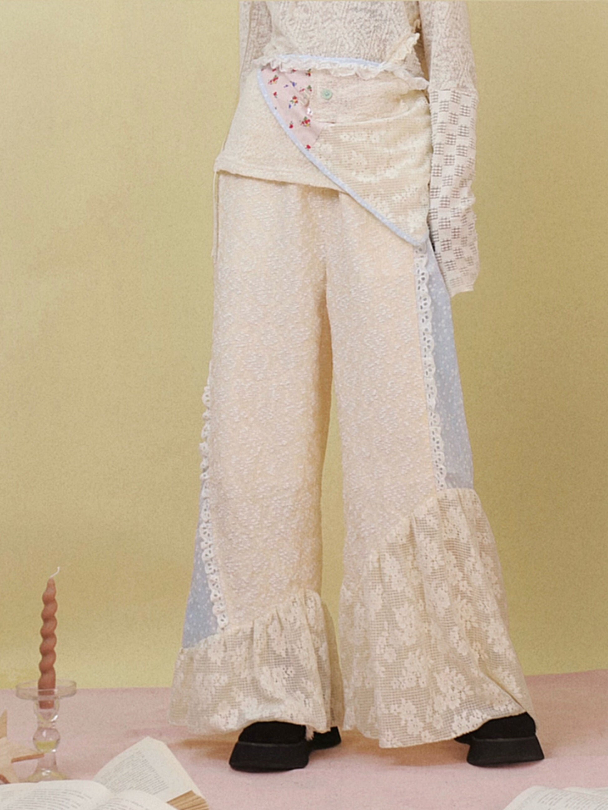 Kawaii Lace Panel Wide Leg Pants Cotton Blend - Disorder by Land Decora
