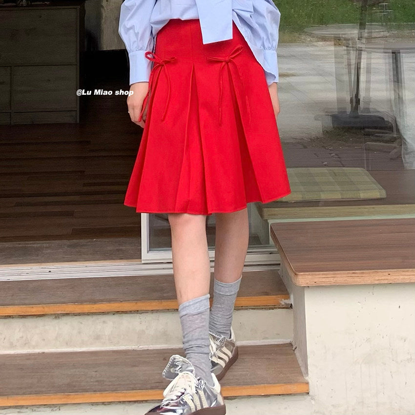 Y2K Red Pleated A-Line Skirt - Lu Miao by Land Decora