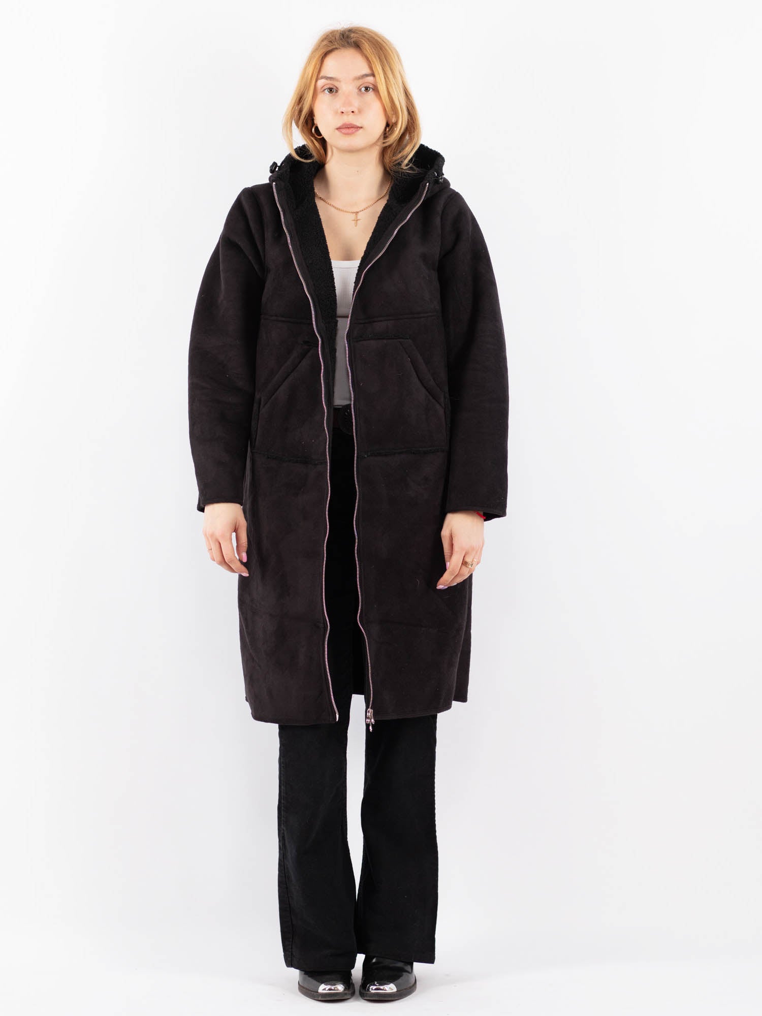 Vintage 00's Women Faux Sheepskin Coat in Black by Northern Grip