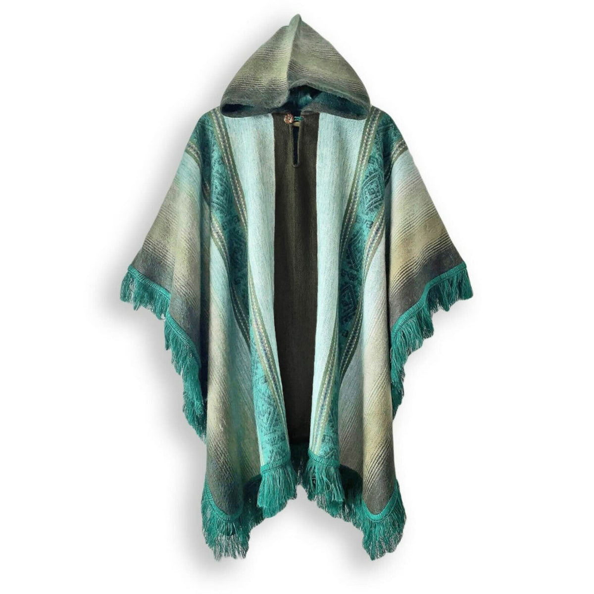Lightweight Baby Alpaca Wool Unisex Fringed Hooded Poncho Pullover - Green by ECUALAMA