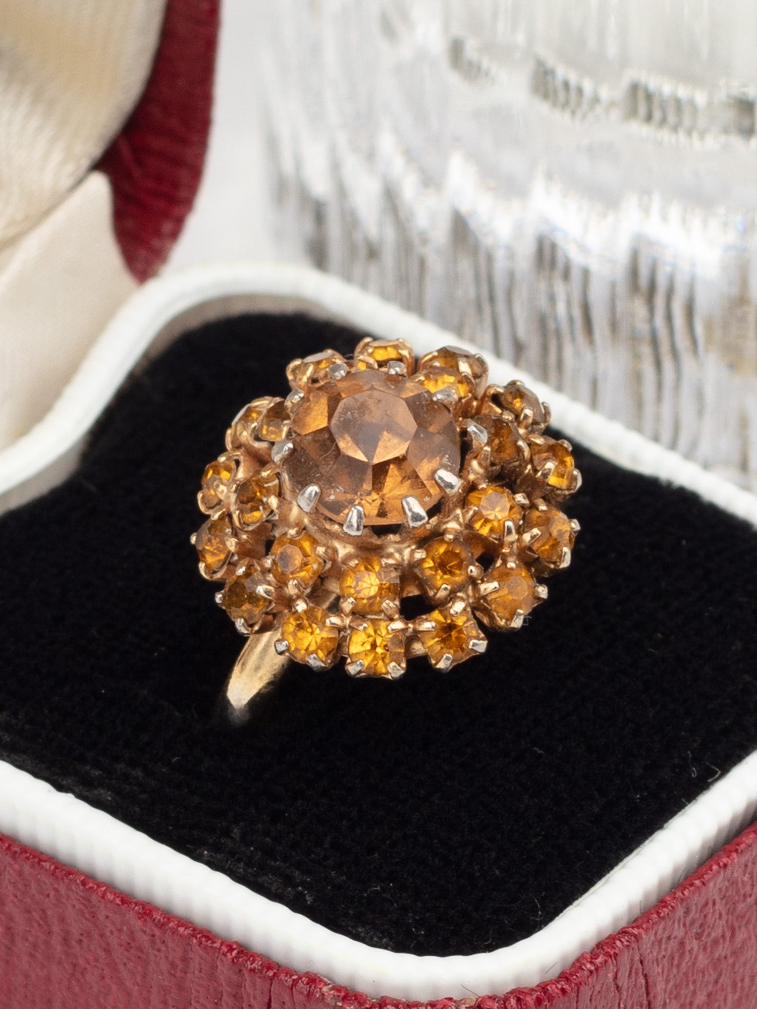 Vintage 50s Adjustable Cluster Ring with Amber Rhinestones by Northern Grip