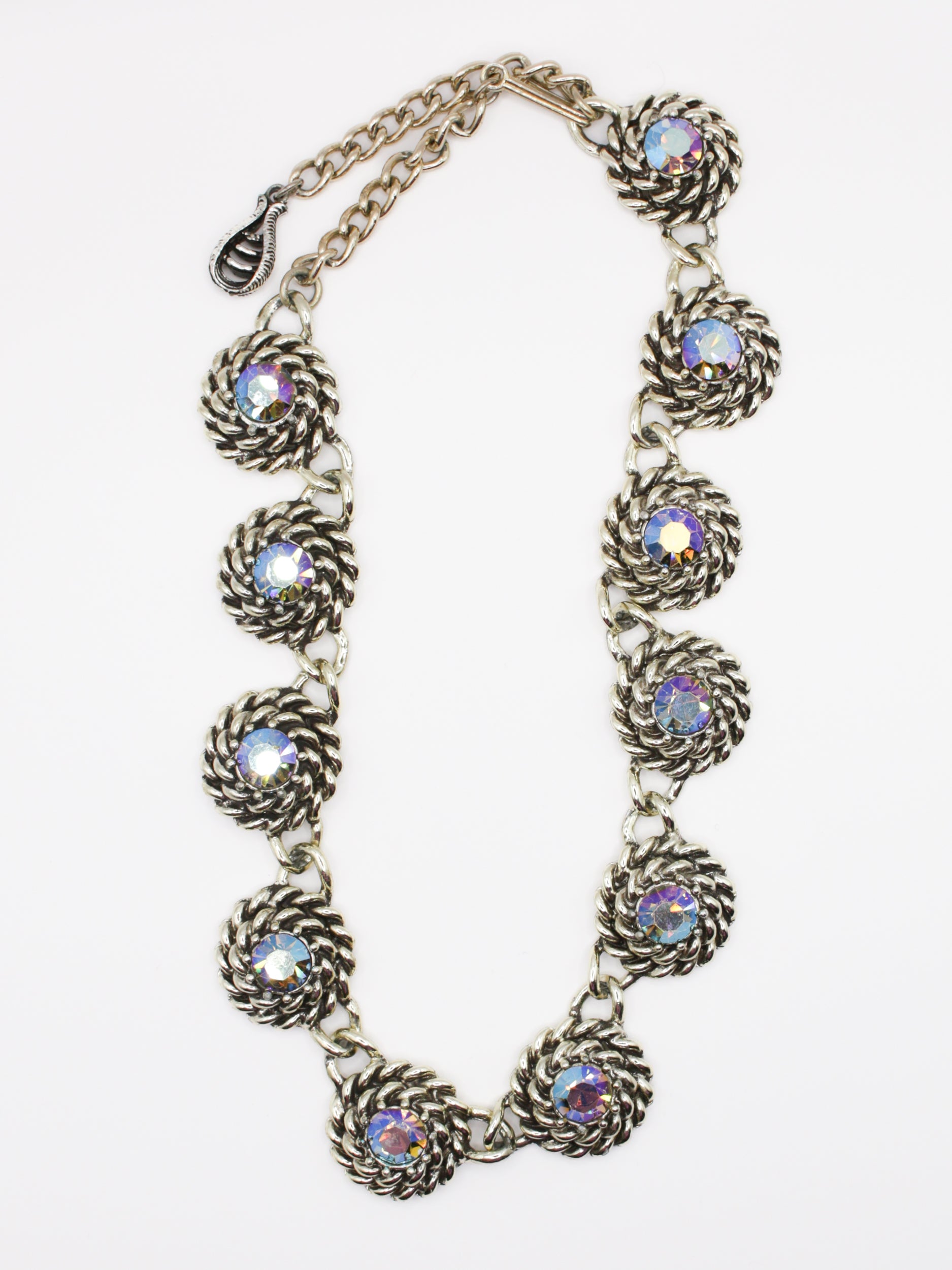 Vintage Silver Tone Rope Link Necklace With Aurora Borealis Crystals by Northern Grip