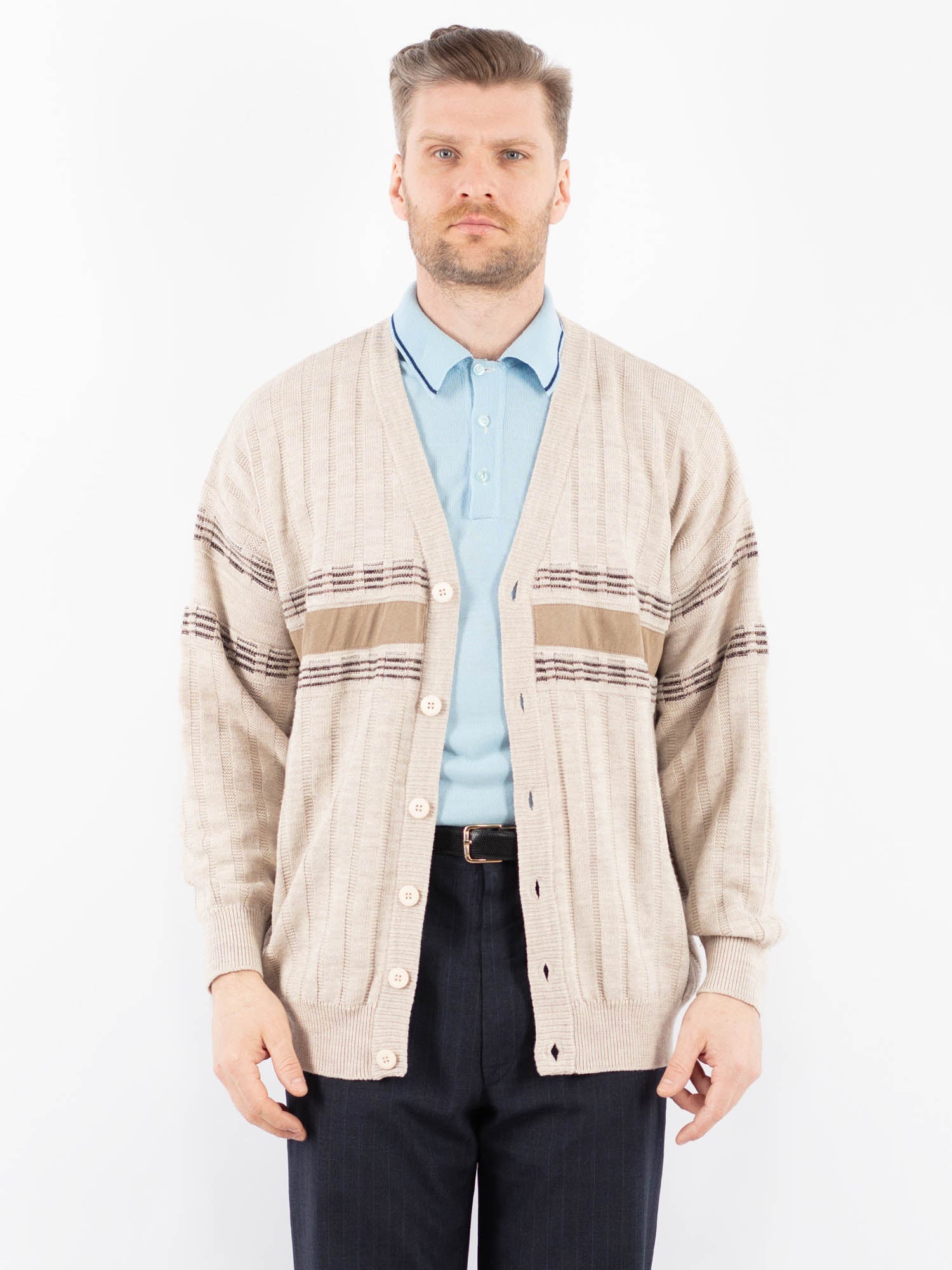 Vintage 90's Men Striped Cardigan in Beige by Northern Grip