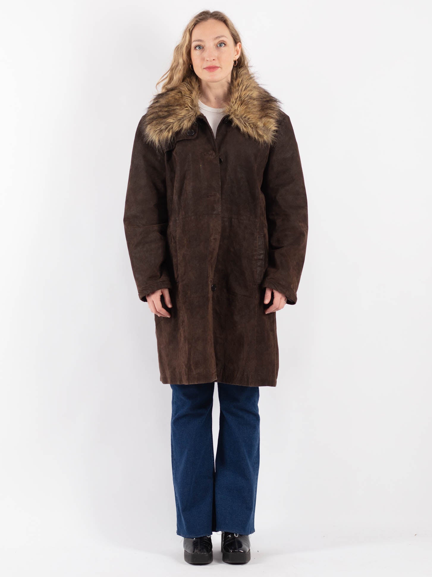 Vintage 90's Women Sherpa Suede Coat in Brown by Northern Grip