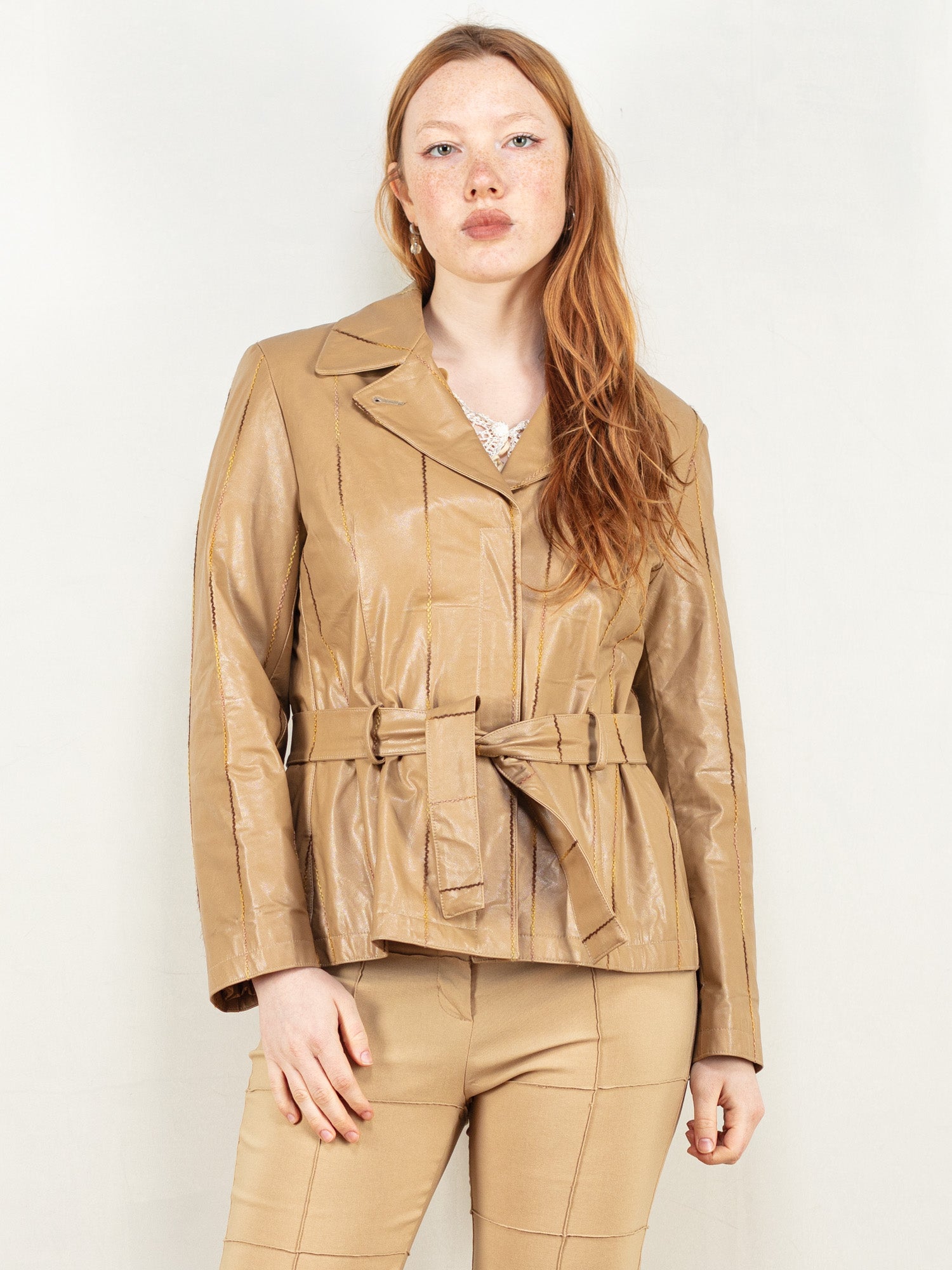 Vintage 80's Women Faux Leather Blazer Jacket in Beige by Northern Grip