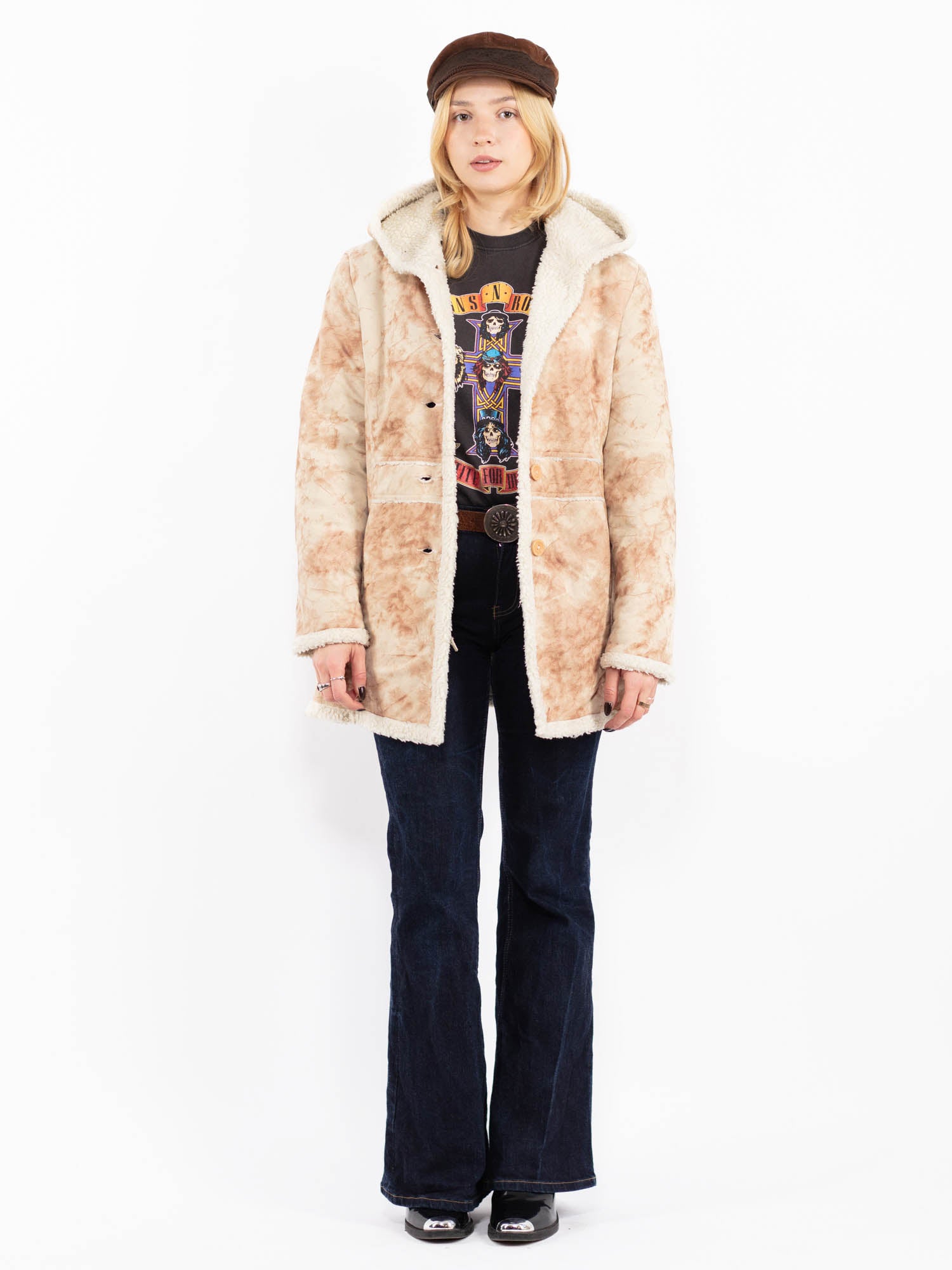 Vintage 00's Women Hooded Sherpa Coat in Beige by Northern Grip