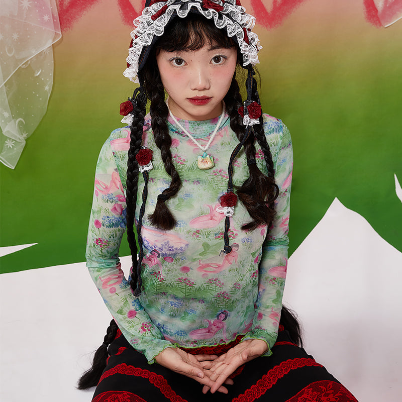 Harajuku Undershirt Green Floral Snake Shirt Long Sleeve Hand Painted Undershirt Moon Meadow by Land Decora