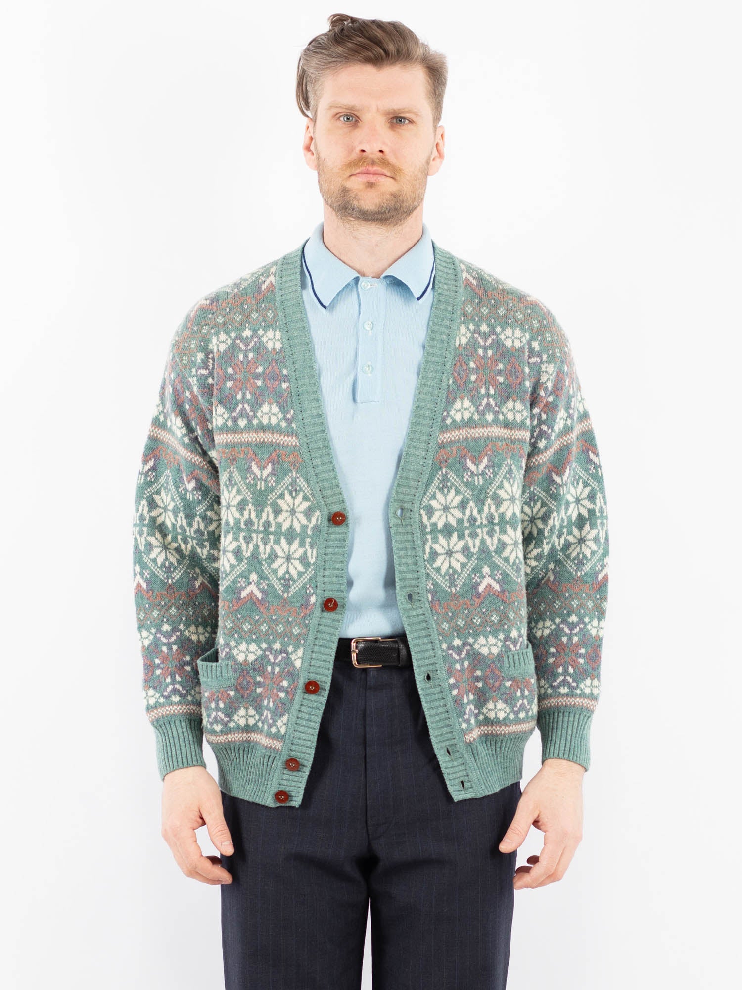 Vintage 70's Men Patterned Cardigan in Green by Northern Grip