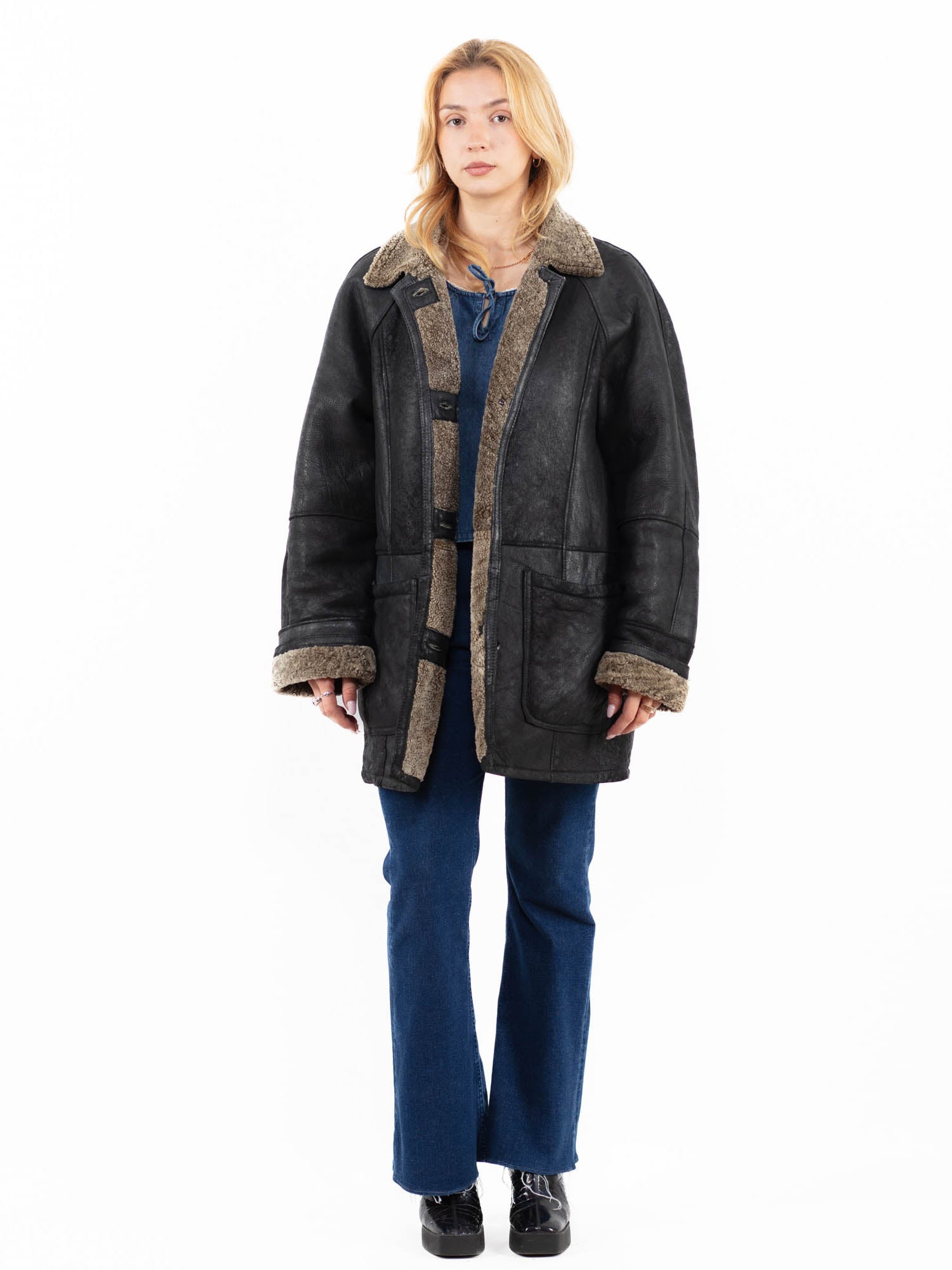 Vintage 90's Women Sheepskin Coat in Black by Northern Grip