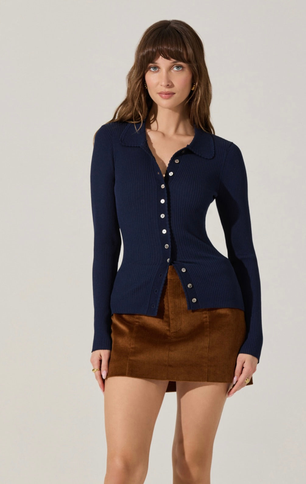 Keren Collared Ribbed Knit Cardigan in Navy by Sierra Deene