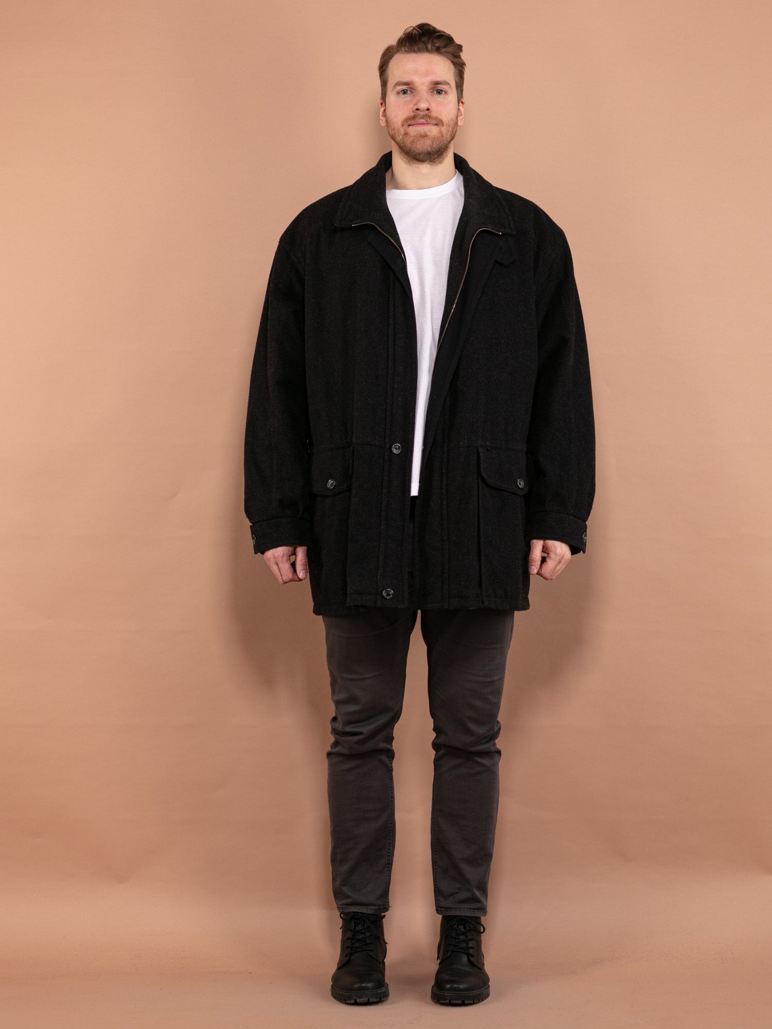 Vintage 80's Men Wool Parka Coat in Dark Gray by Northern Grip