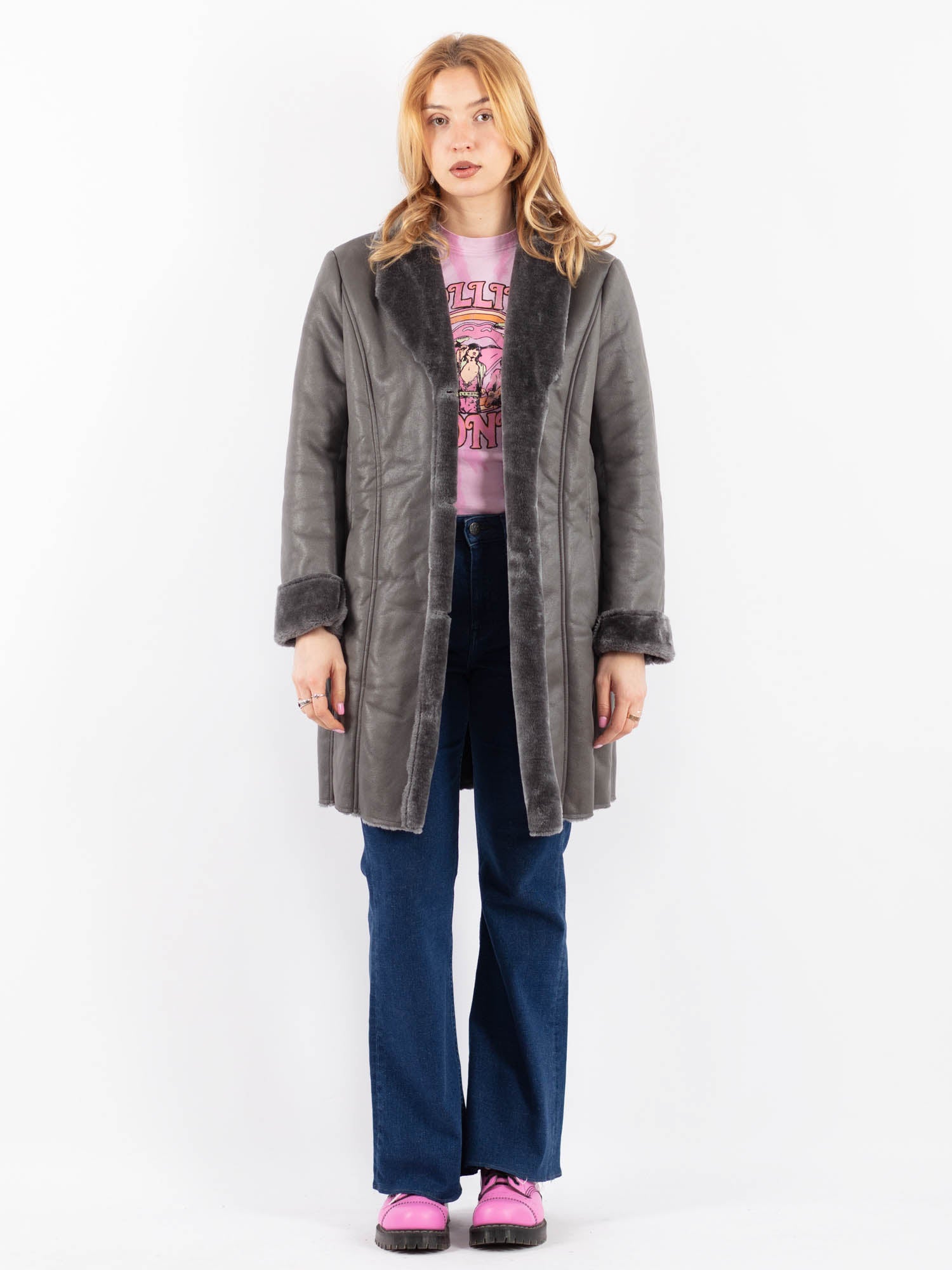 Vintage 90's Women Faux Sheepskin Coat in Gray by Northern Grip