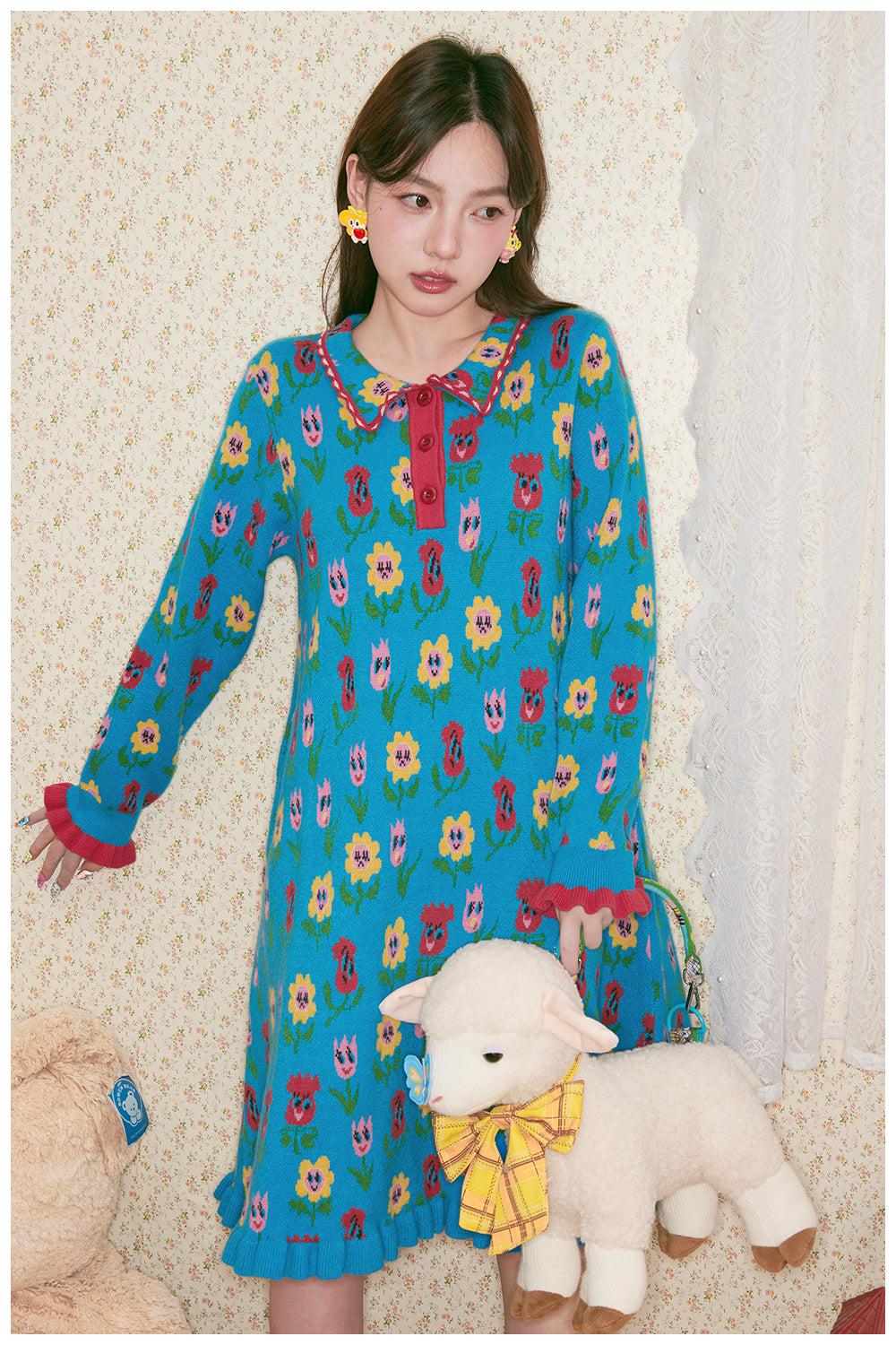 Blue Cartoon Flower Knit Dress Long Sleeve Kawaii - tntntutu by Land Decora