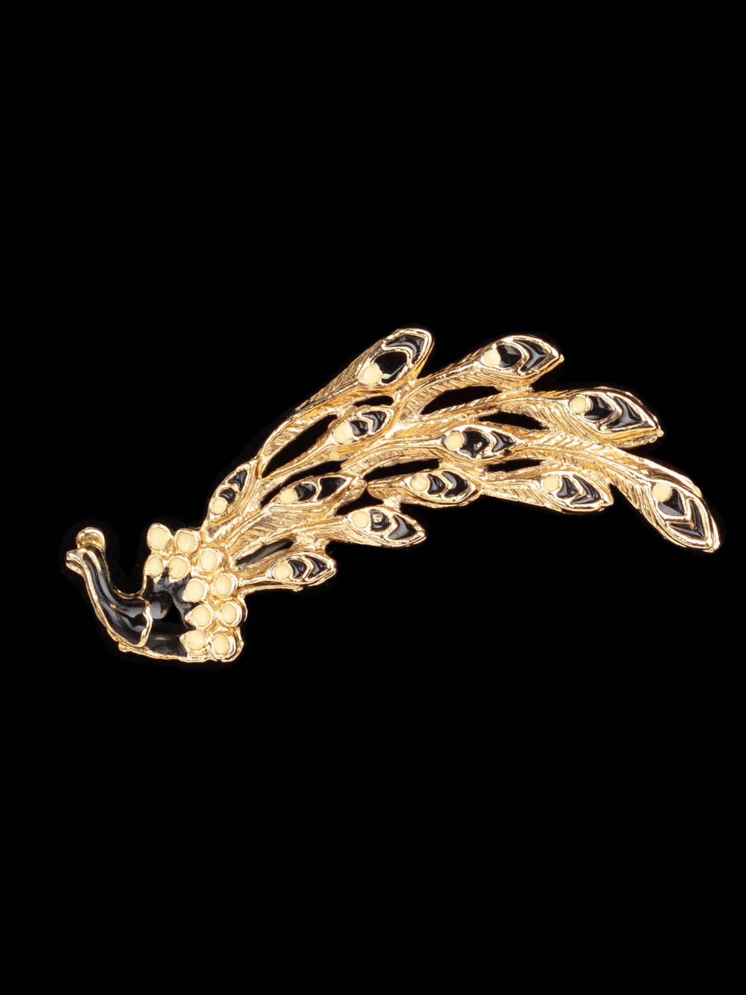 Vintage 80s Peacock Feather Brooch with Black and Cream Enamel by Northern Grip