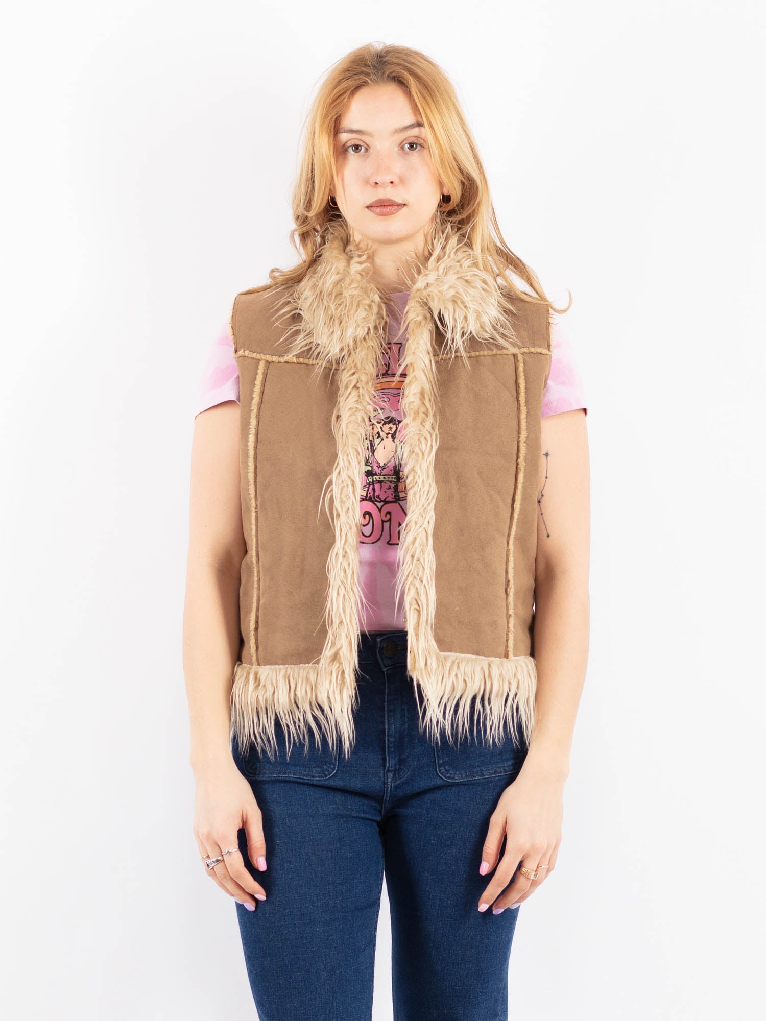 Vintage 90's Women Faux Sheepskin Vest in Beige by Northern Grip