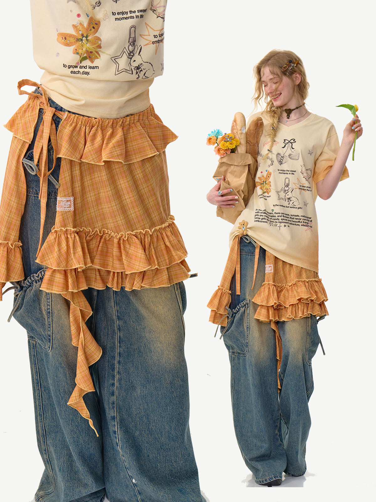 Girly Orange Plaid Ruffle Layered Peplum Skirt - ziziFei by Land Decora