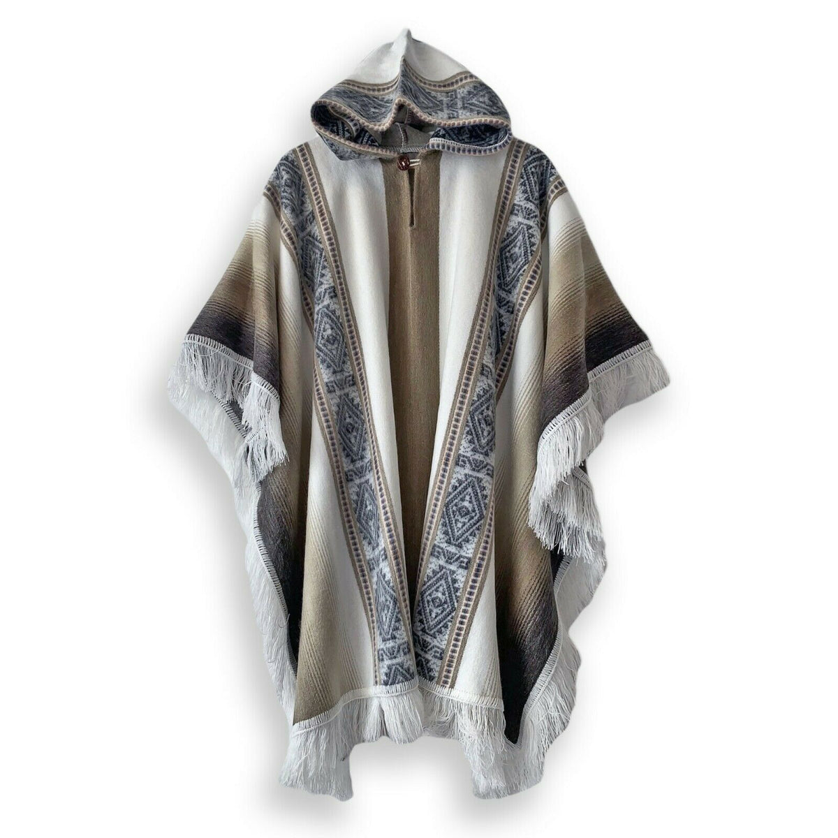 Lightweight Baby Alpaca Wool Fringed Hooded Poncho Pullover - Beige - Unisex by ECUALAMA