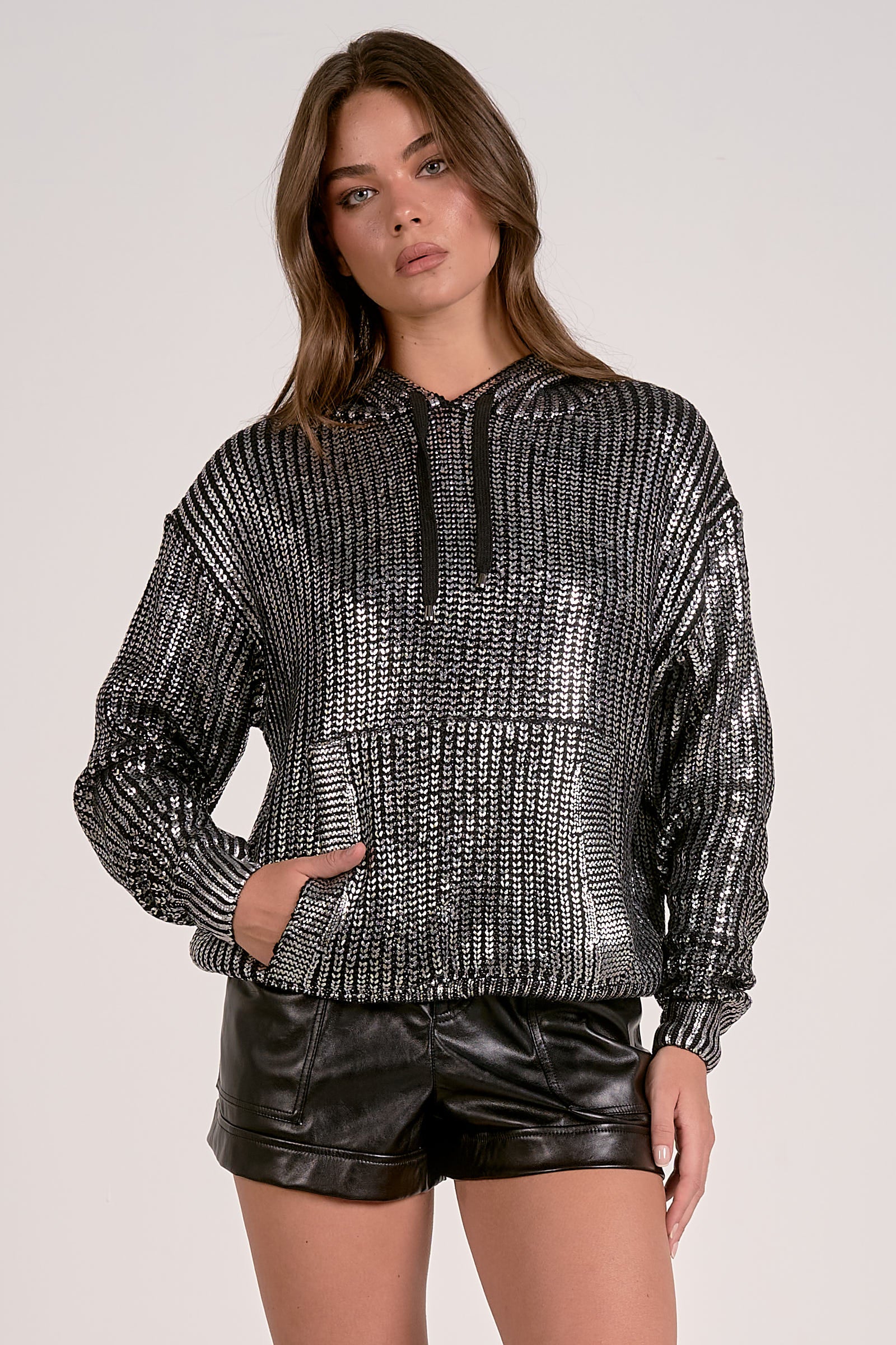 Elan Metallic Threaded Hoodie in Silver by Sierra Deene