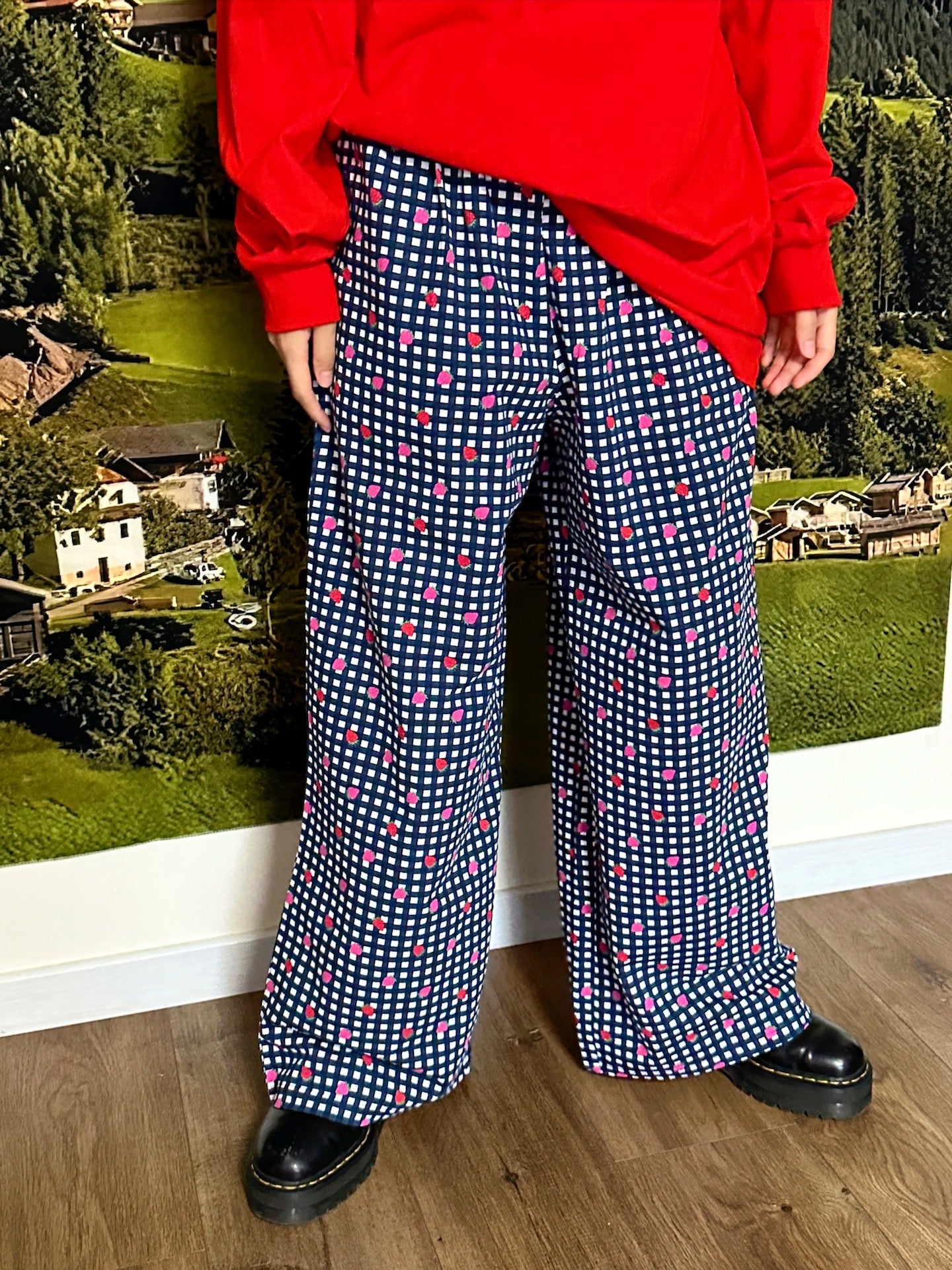 Harajuku Wide Leg Pants Strawberry Print Plaid Oversize - BunnyBunnyGun by Land Decora