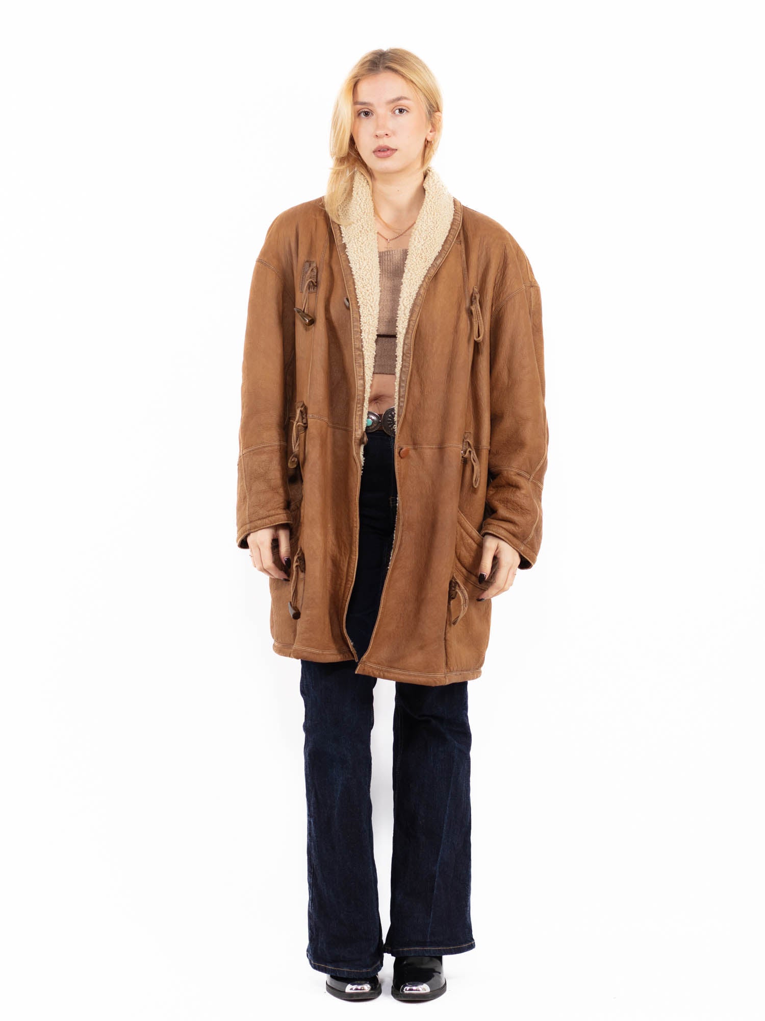 Vintage 90's Women Oversized Sheepskin Coat in Brown by Northern Grip