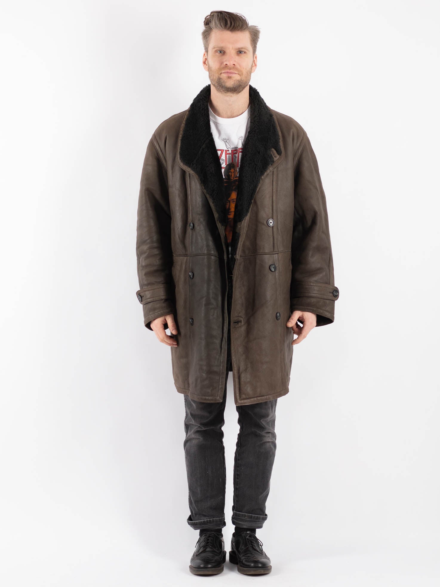 Vintage 80's Men Oversized Sheepskin Coat in Brown by Northern Grip