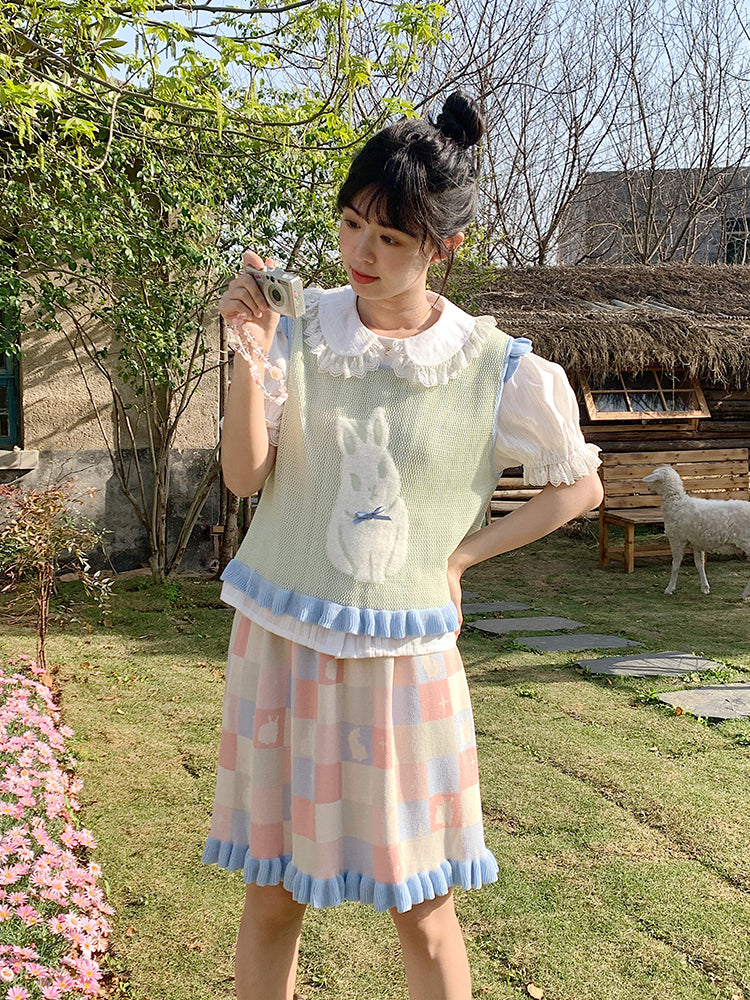Kawaii Bunny Knit Vest Plaid Skirt Set Colorful Cute - Mameya by Land Decora