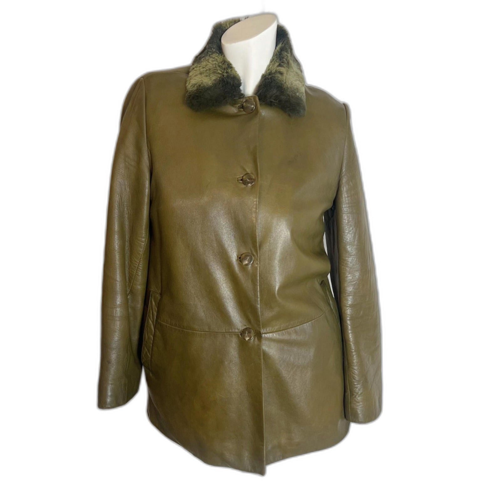She's Miss Korean Green Leather Button Up Jacket Fur Collar Size S by Hot Girl Secondhand