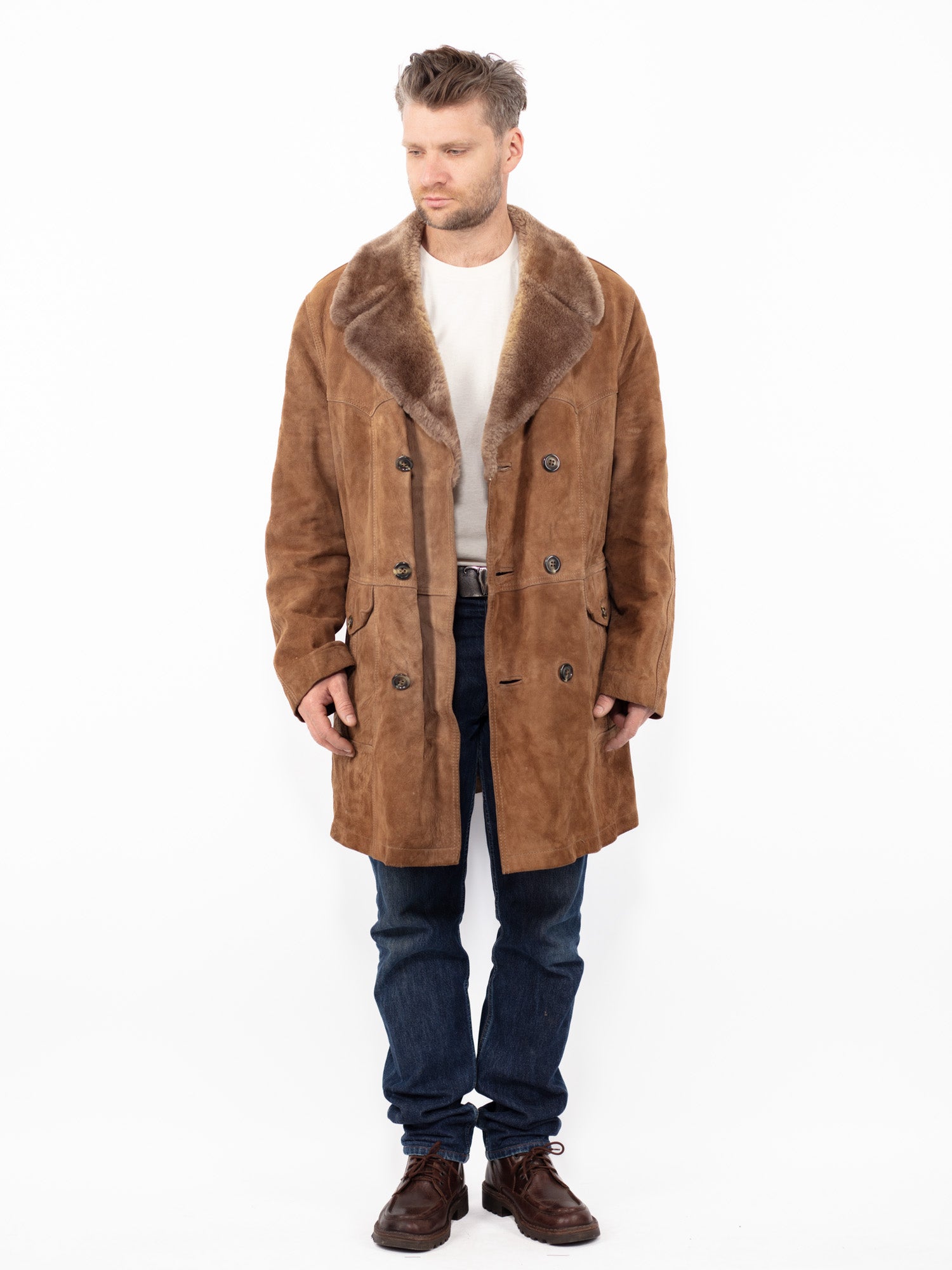 Vintage 70's Men Suede Sherpa Coat in Brown by Northern Grip