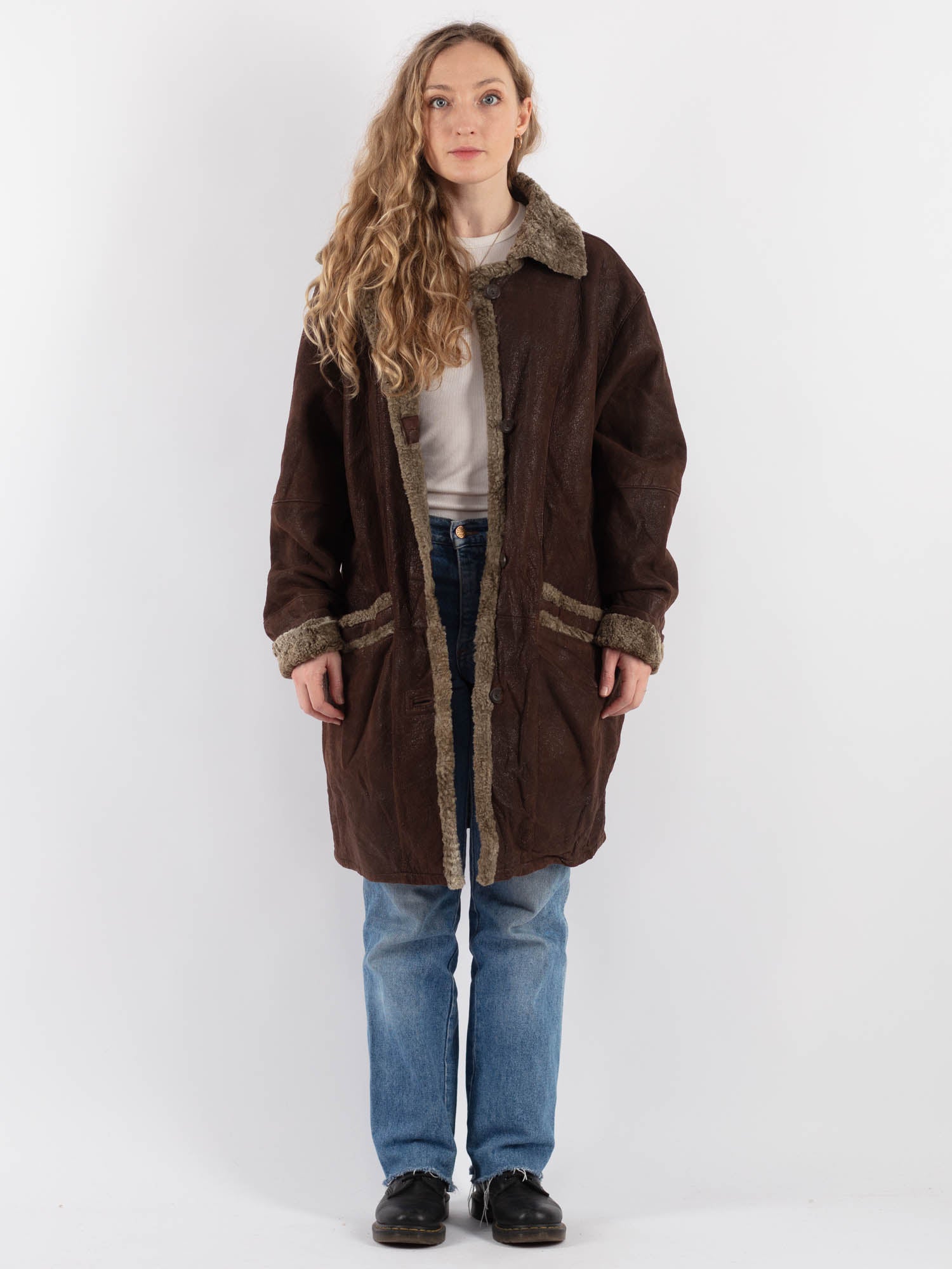 Vintage 80's Women Sheepskin Coat in Brown by Northern Grip