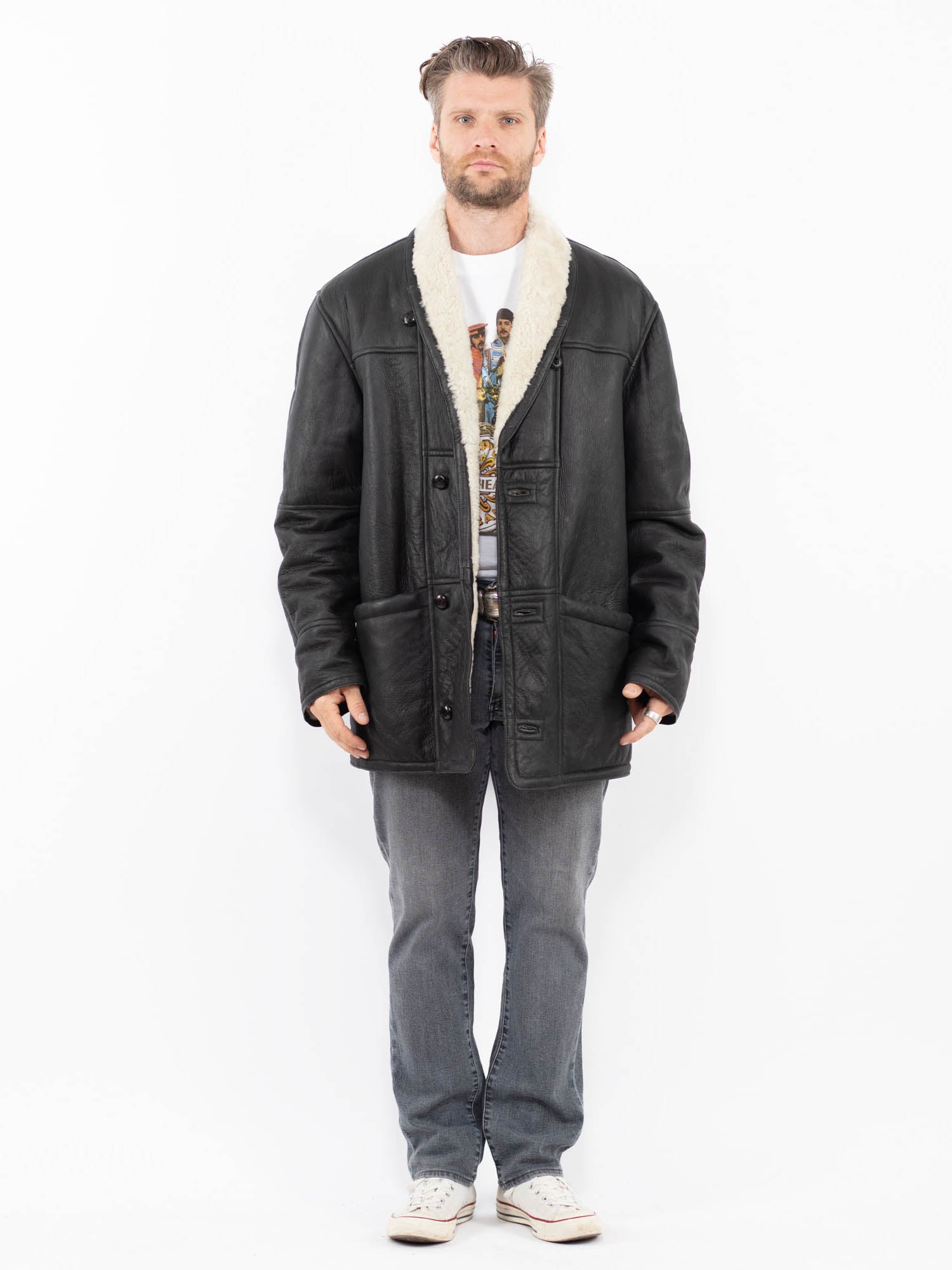 Vintage 90's Men Sheepskin Coat in Black by Northern Grip