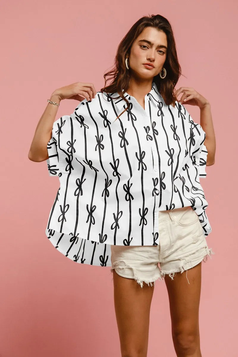 BiBi Bow Ribbon Woven Printed Button Down Shirt by RAËLIV